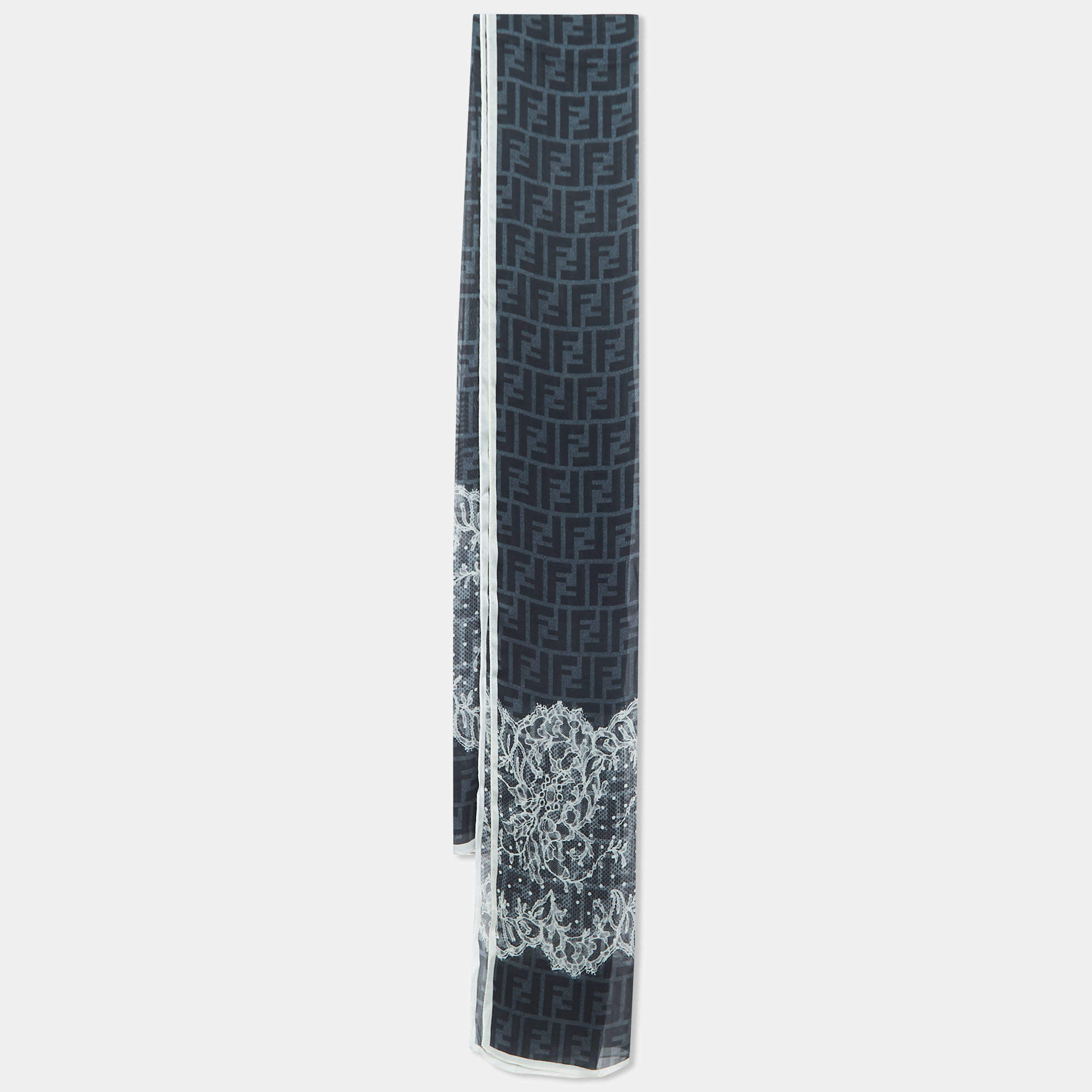 Pre Owned Fendi  Grey Zucca Lace Print Silk Chiffon Scarf