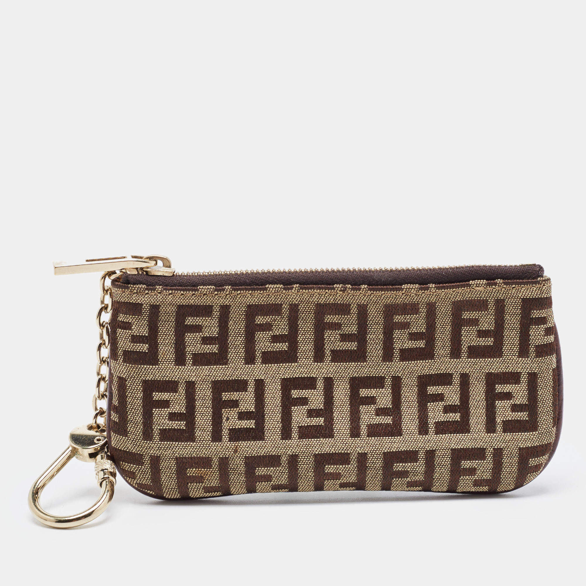Pre Owned Fendi Beige Zucchino Fabric Key Chain Pouch