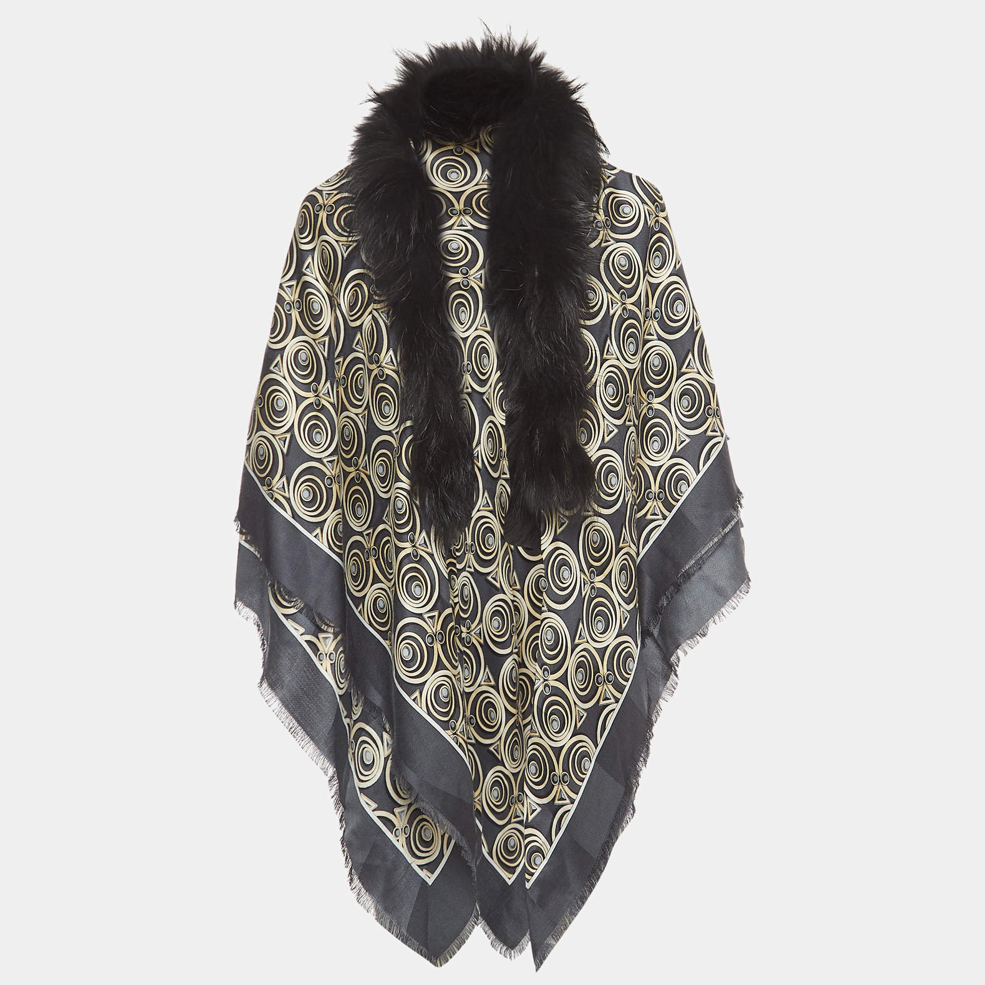 Fendi Dark Grey Touch of Fur Printed Silk & Wool Scarf
