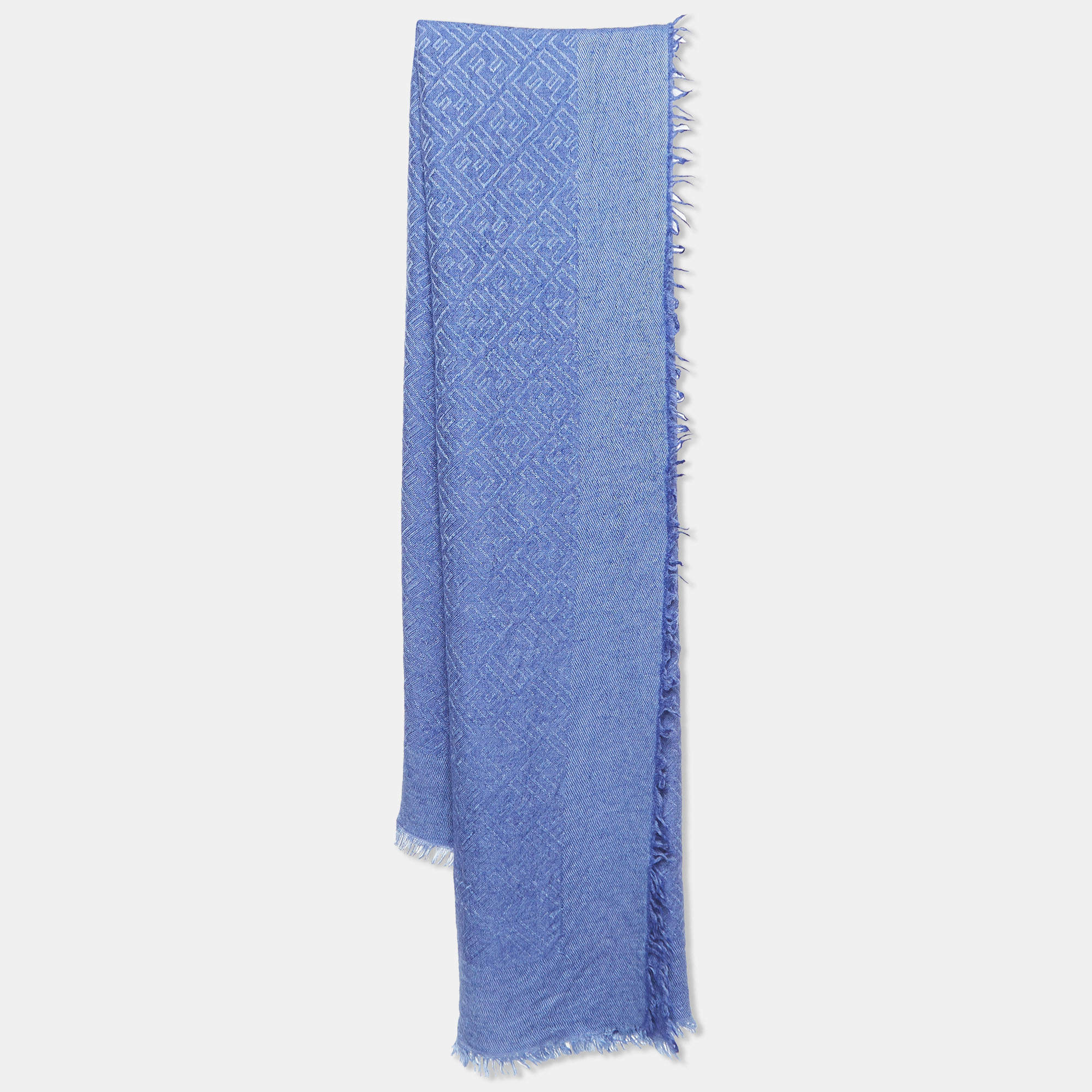 مملوكة مسبقًا Fendi Blue FF Patterned Cashmere & Silk Fringed Scarf