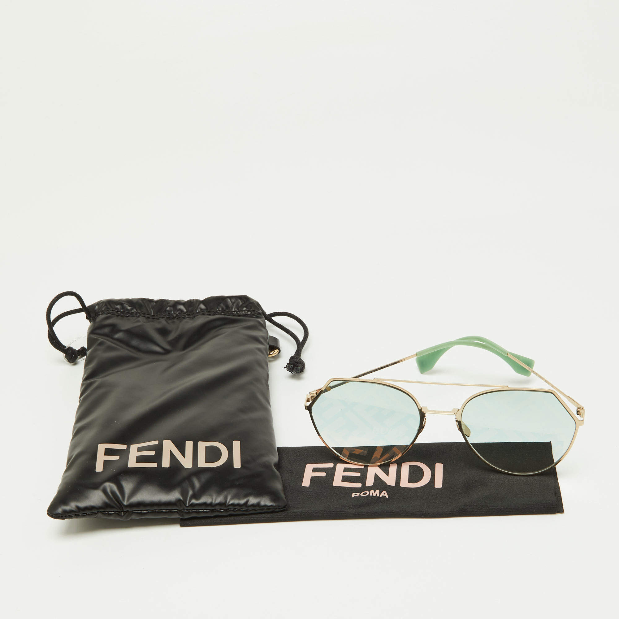 Pre Owned Fendi Gold Tone/Green Gradient FF0194/S Geometric Sunglasses