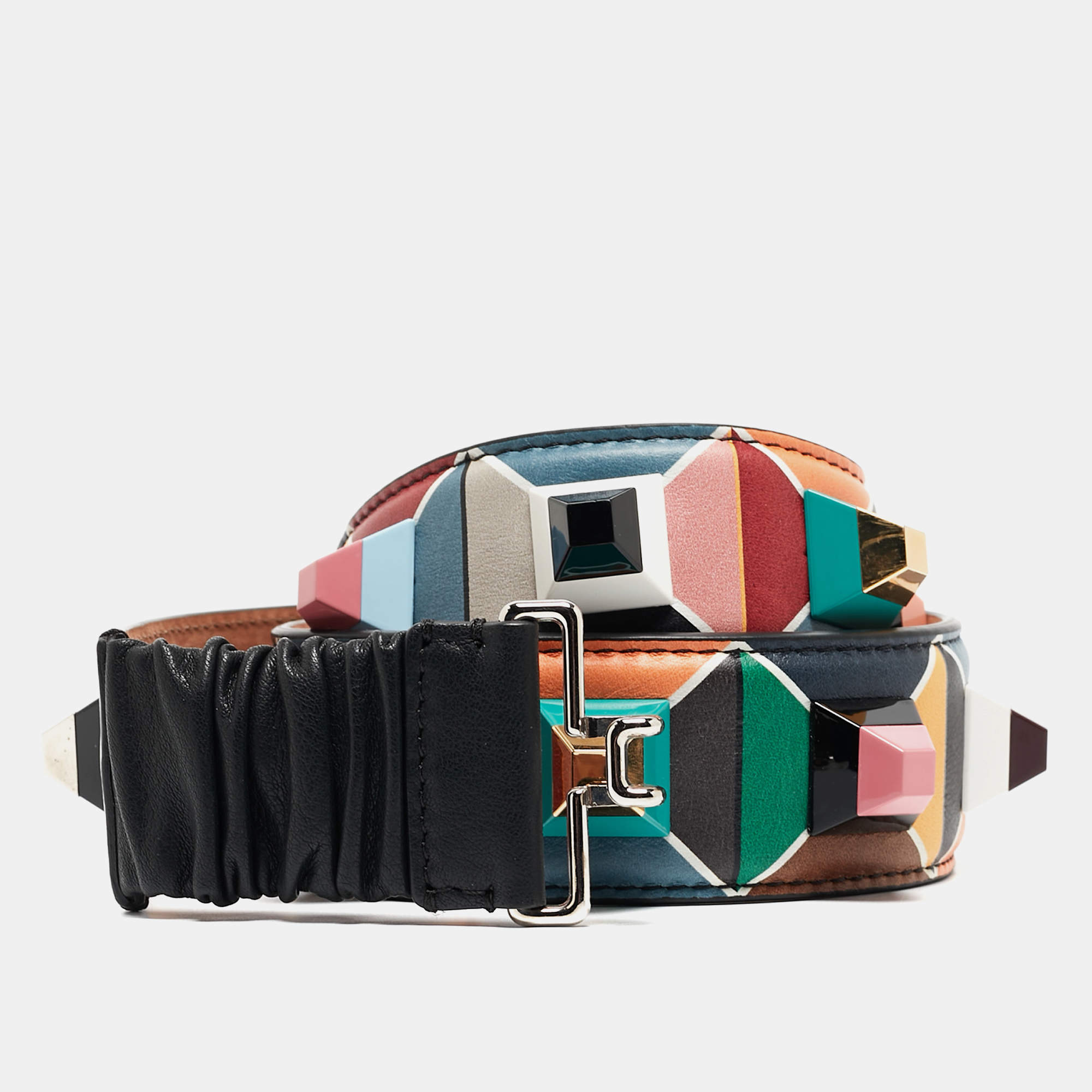 Pre Owned Fendi Multicolor Printed Leather Studded Belt 85 CM