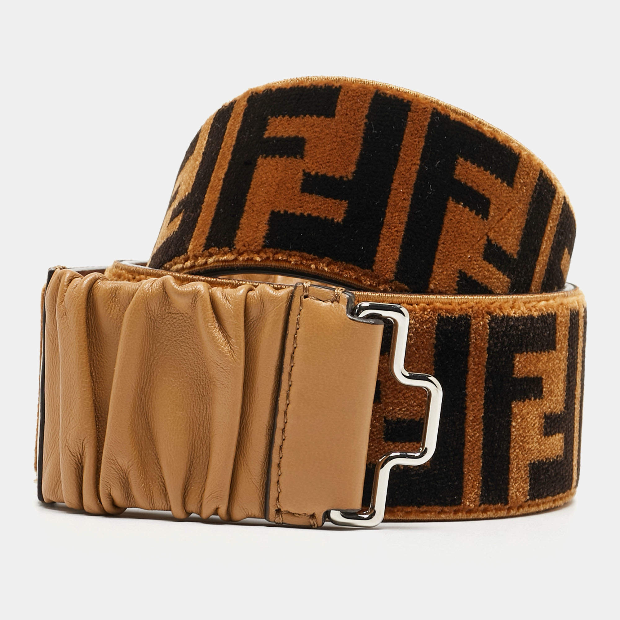 مملوكة مسبقًا Fendi Brown/Black Zucca Velvet and Pleated Leather Waist Belt 85CM