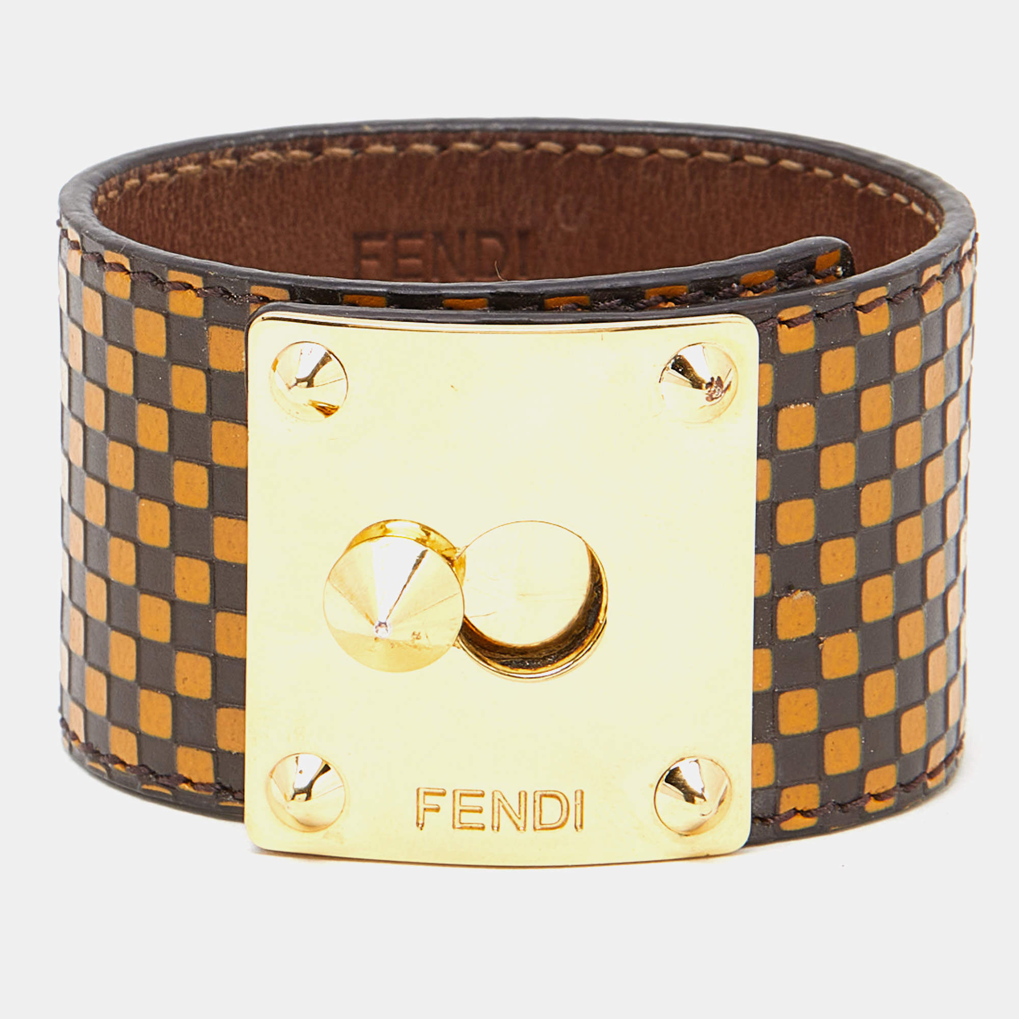 Pre Owned Fendi Leather Gold Tone Bracelet