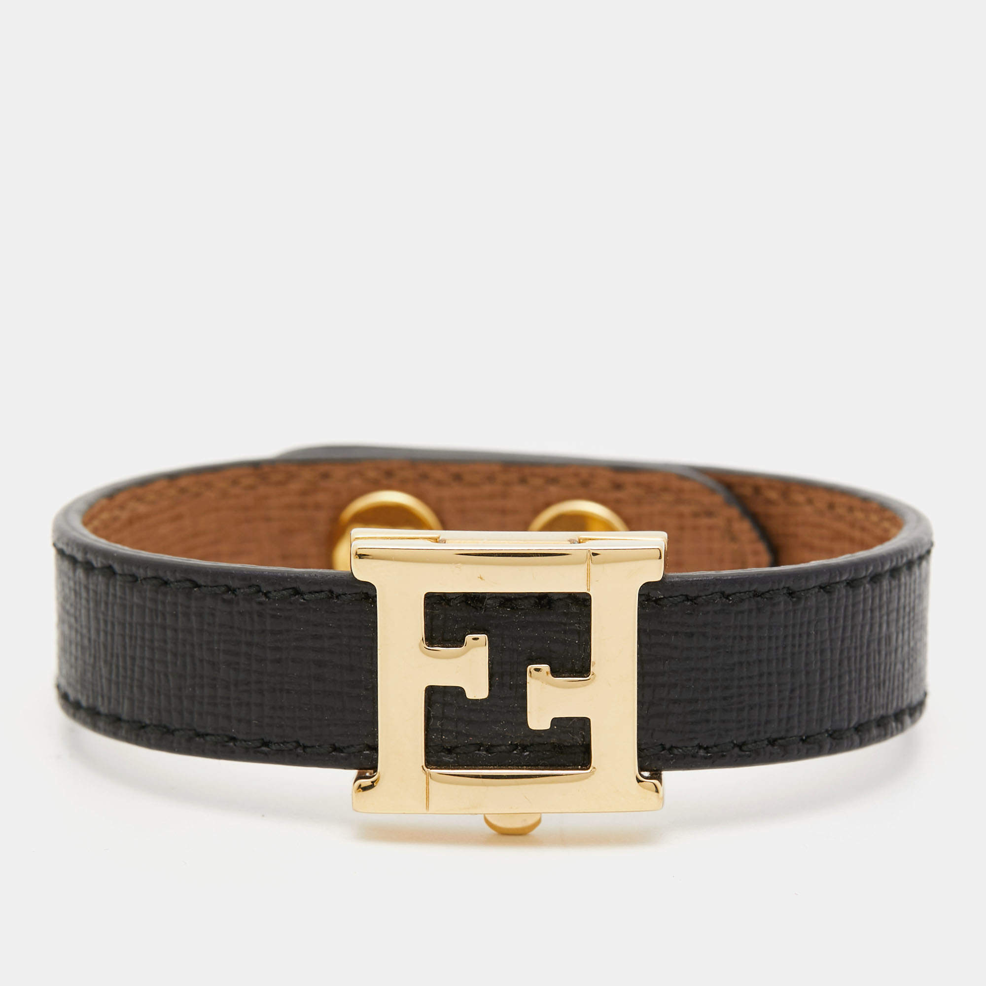 مملوكة مسبقًا Fendi FF Logo Leather Gold Tone Bracelet