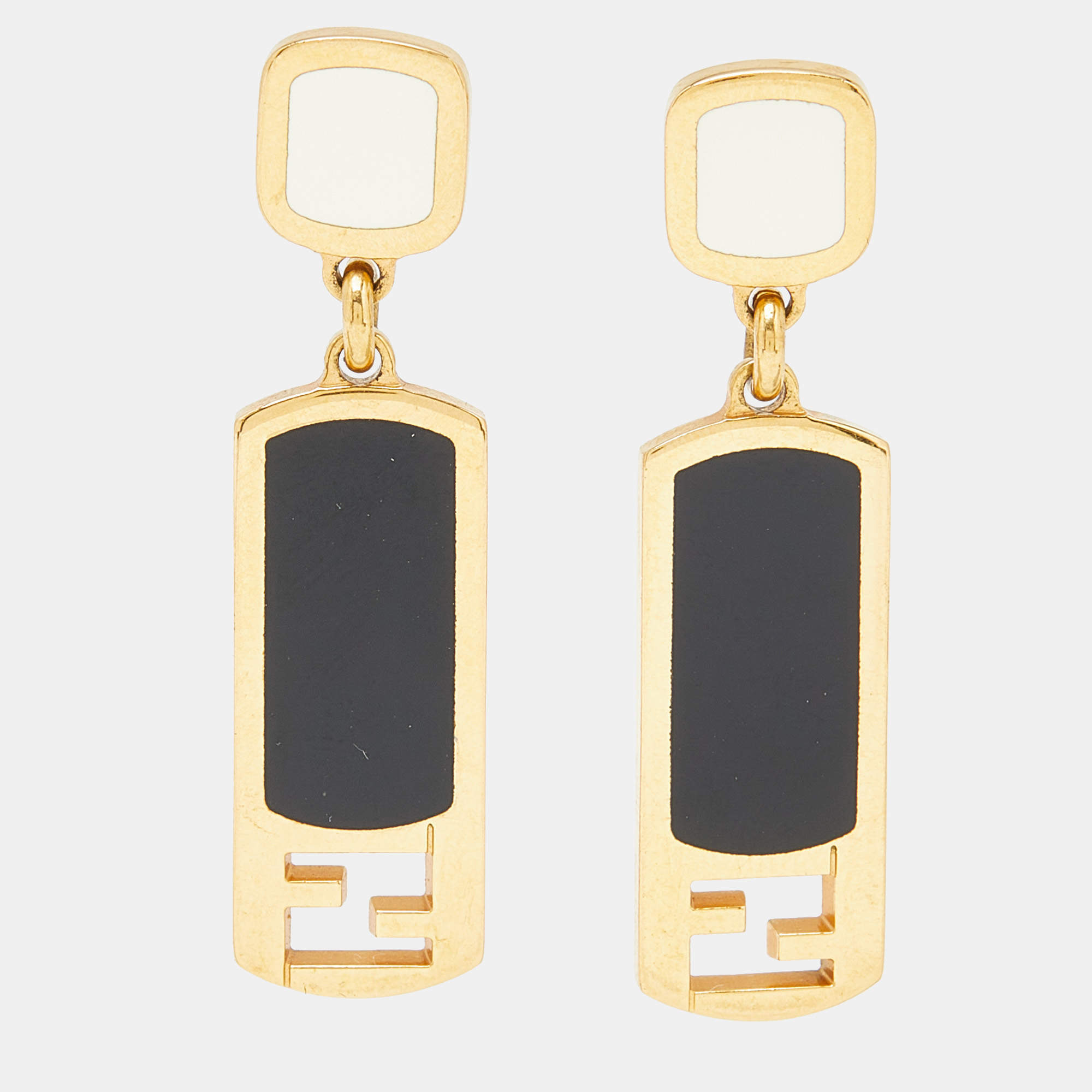 Pre Owned Fendi FF Enamel Gold Tone Earrings