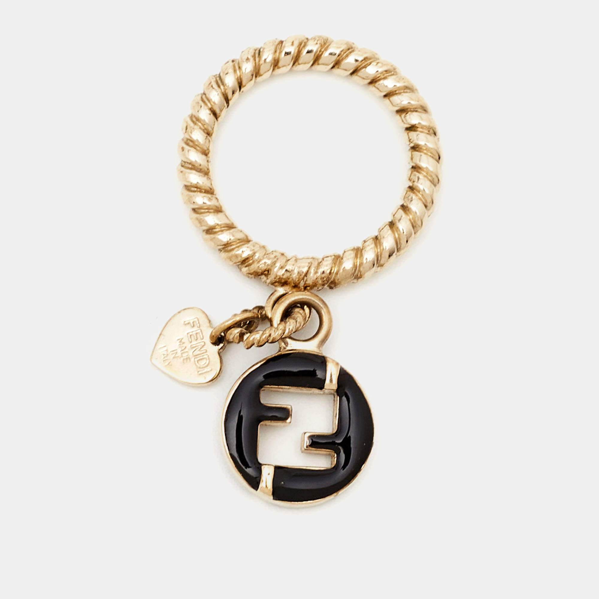 Fendi FF Black Enamel Charm Gold Tone Ring Size 56