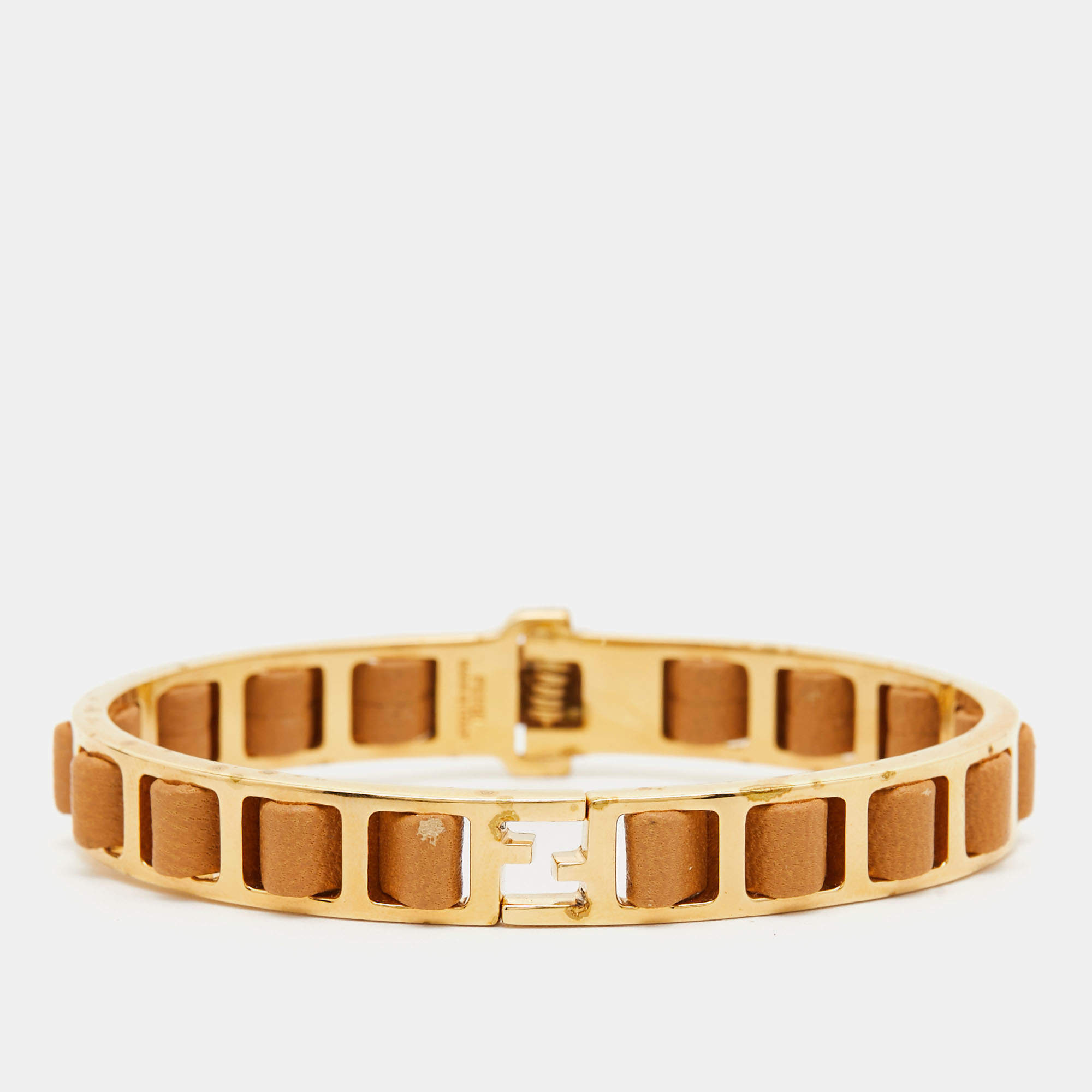 Fendi Fendista Gold Tone Brown Leather Woven Bangle Bracelet