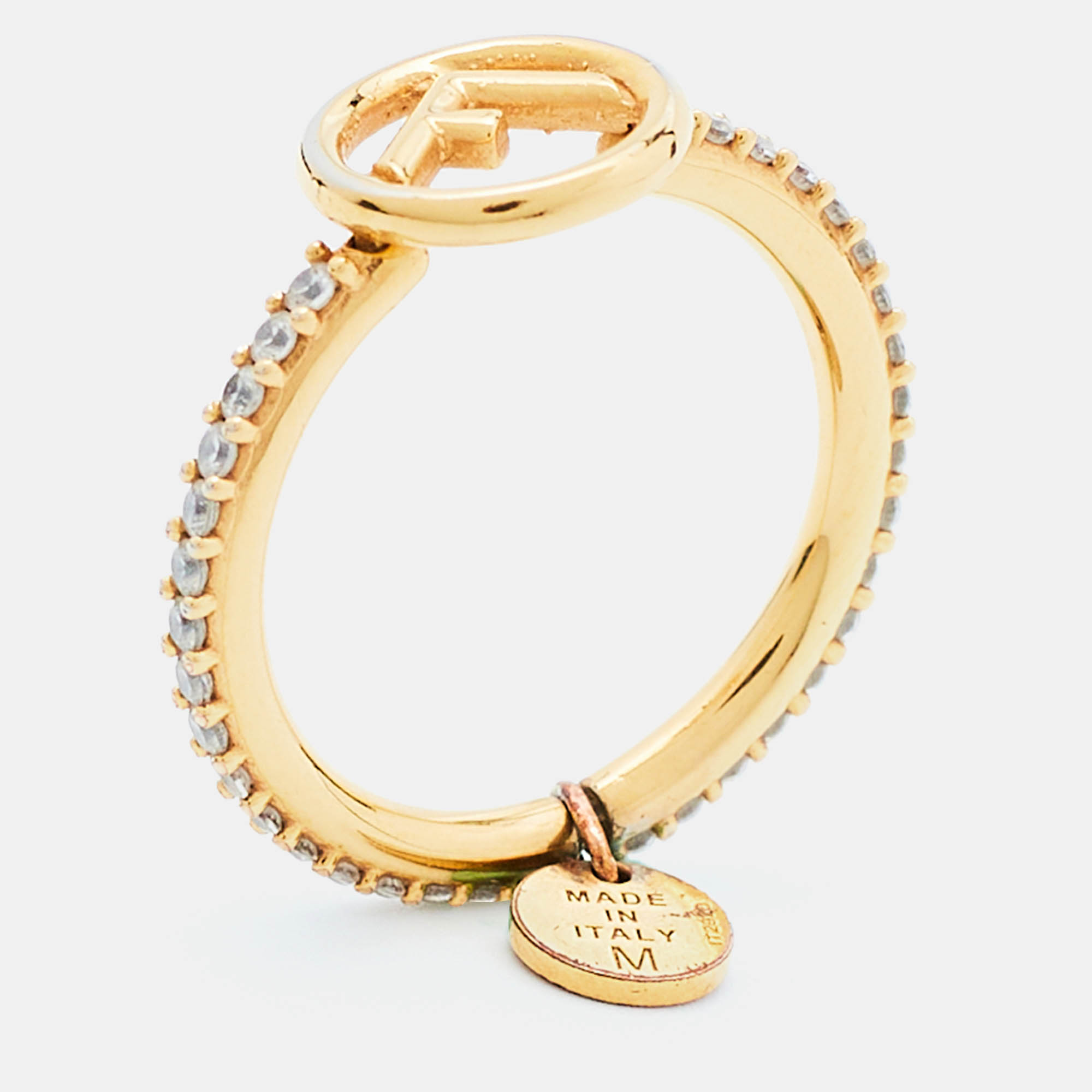 Pre Owned Fendi F is Fendi Gold Tone Crystal Logo Ring Size EU 54.5