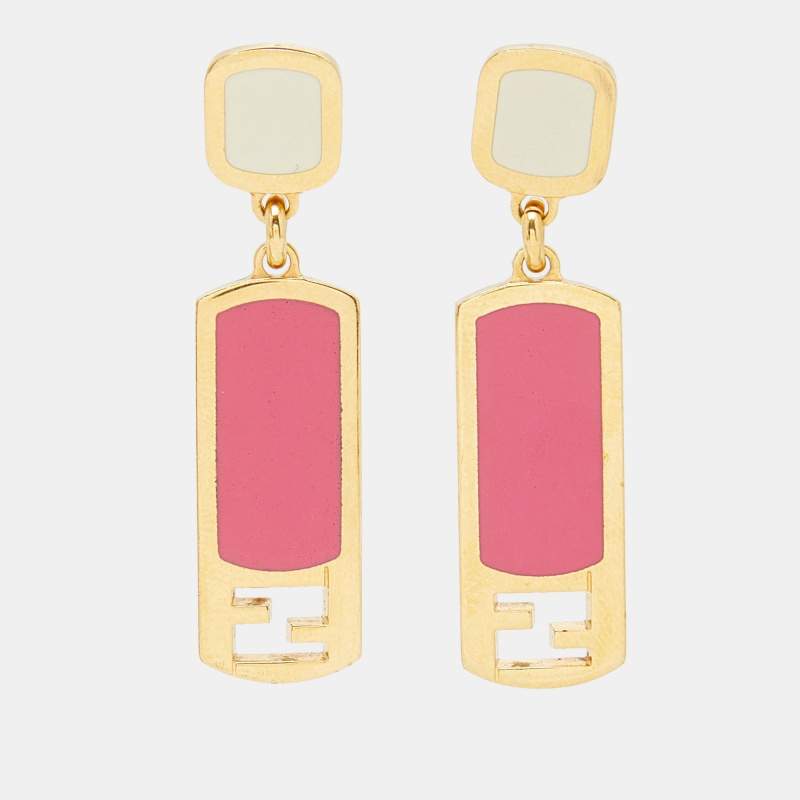 Pre Owned Fendi Gold Tone Pink Enamel Drop Earrings