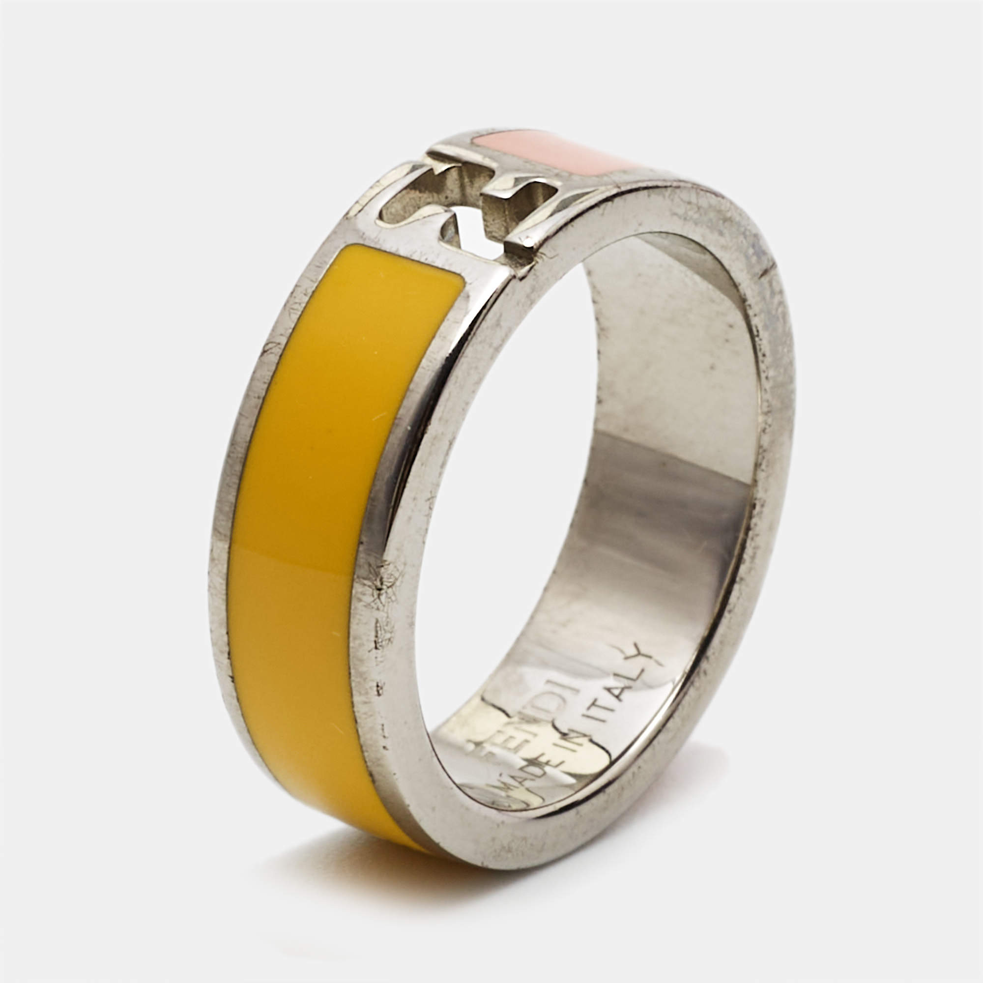 Fendi Fendista Bicolor Enamel Silver Tone Ring Size 55