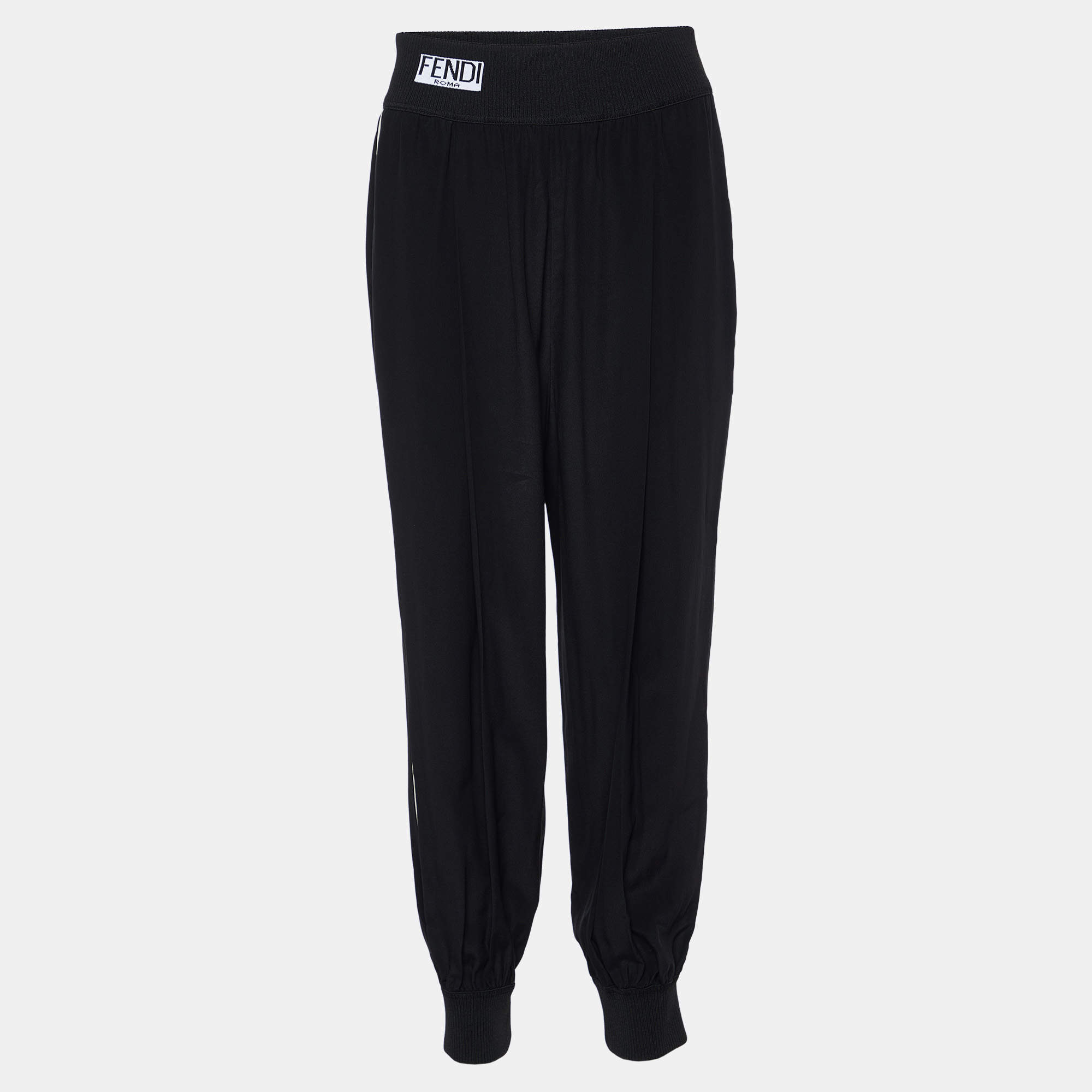 Pre Owned Fendi Black Silk Contrast Trimmed Joggers M