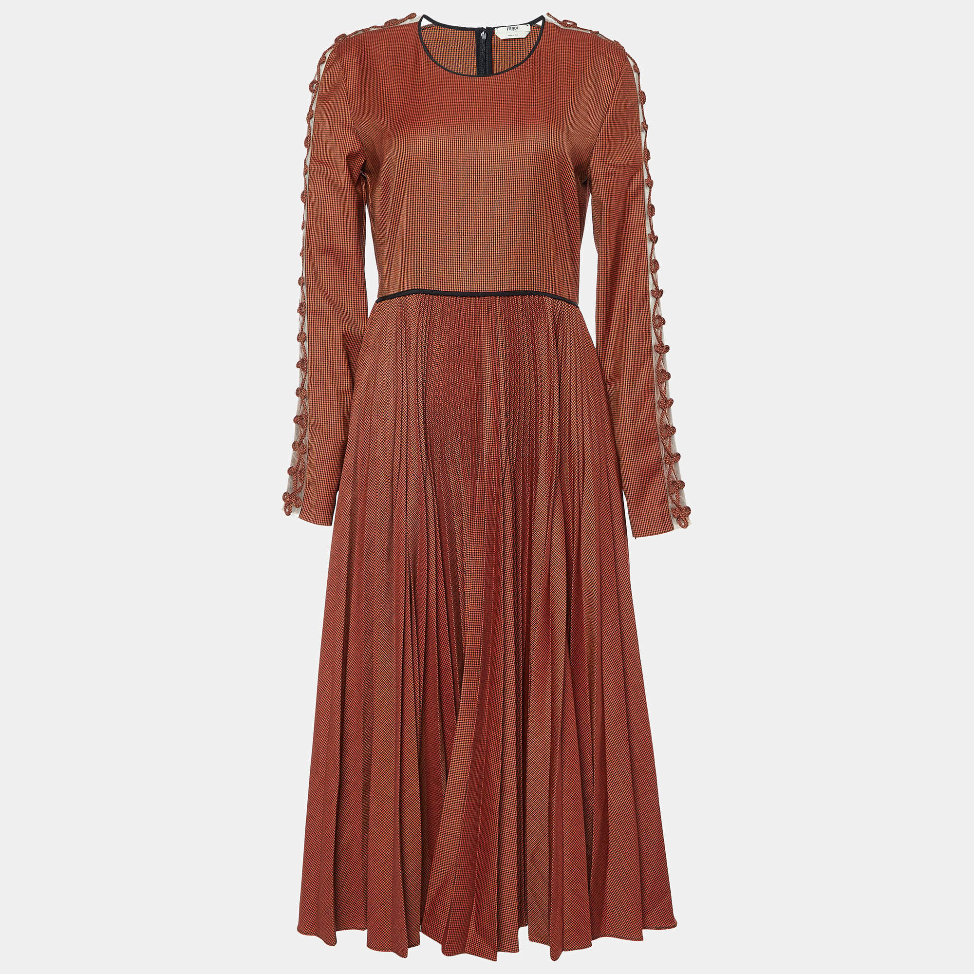 Pre Owned Fendi Brown Mesh Tulle Rope Trim Houndstooth Printed Long Sleeved Pleated Wool Midi Dress
