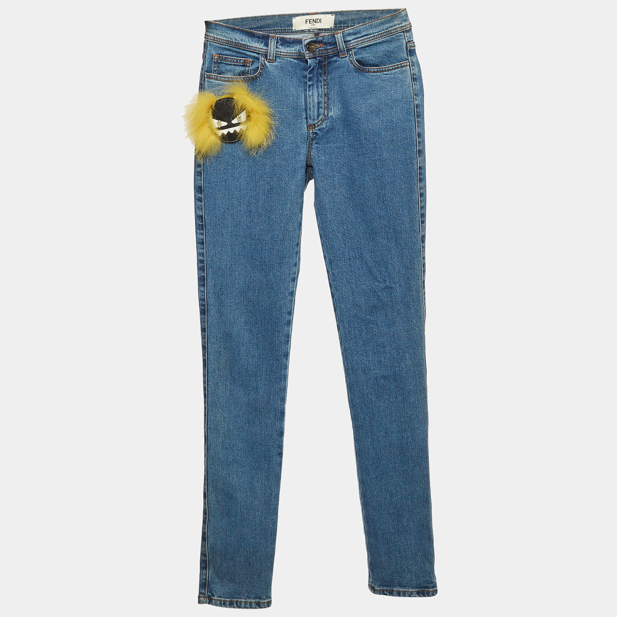 Pre Owned Fendi Blue Fox Fur Applique Denim Skinny Jeans S Waist 24"