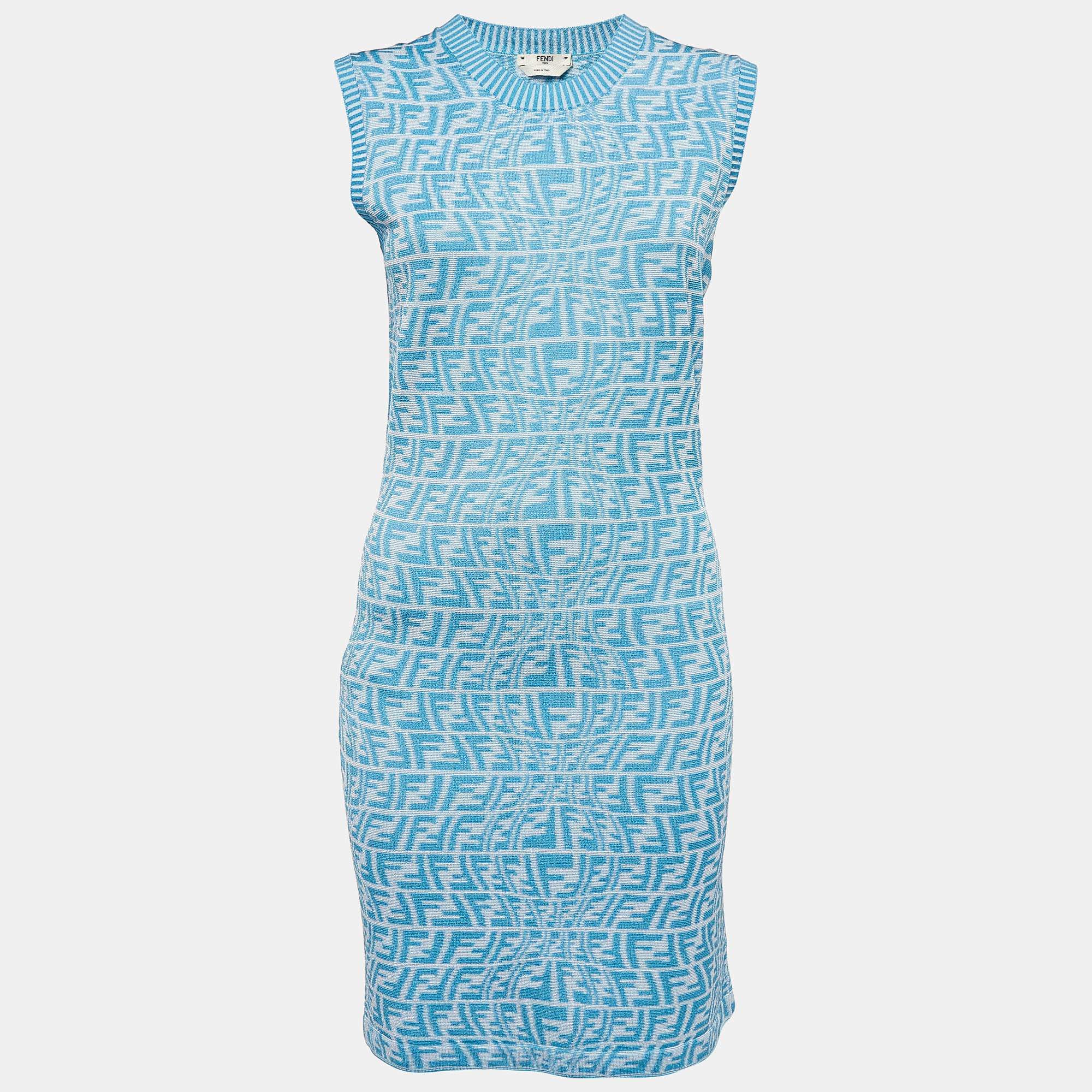 Fendi X Sarah Coleman Blue FF Vertigo Jacquard Knit Bodycon Dress M