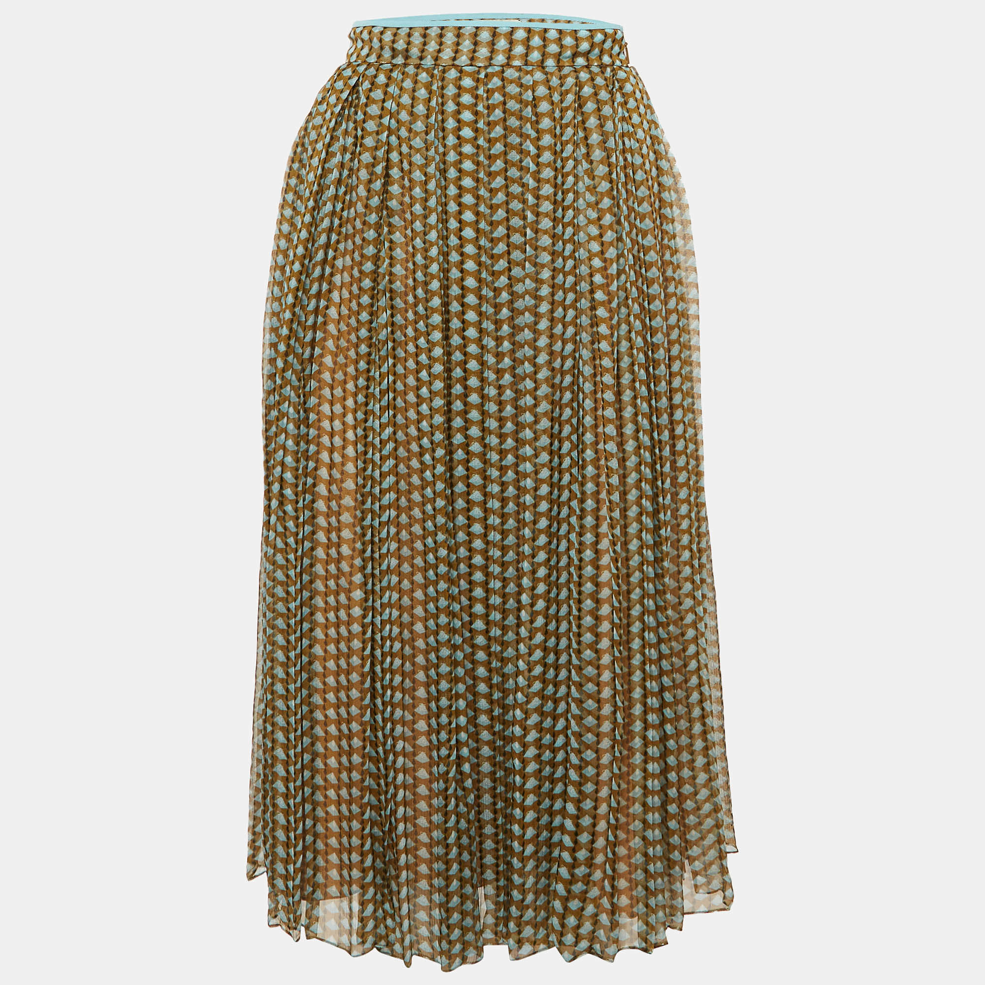 Pre Owned Fendi Green Printed Silk Pleated Midi Skirt S
