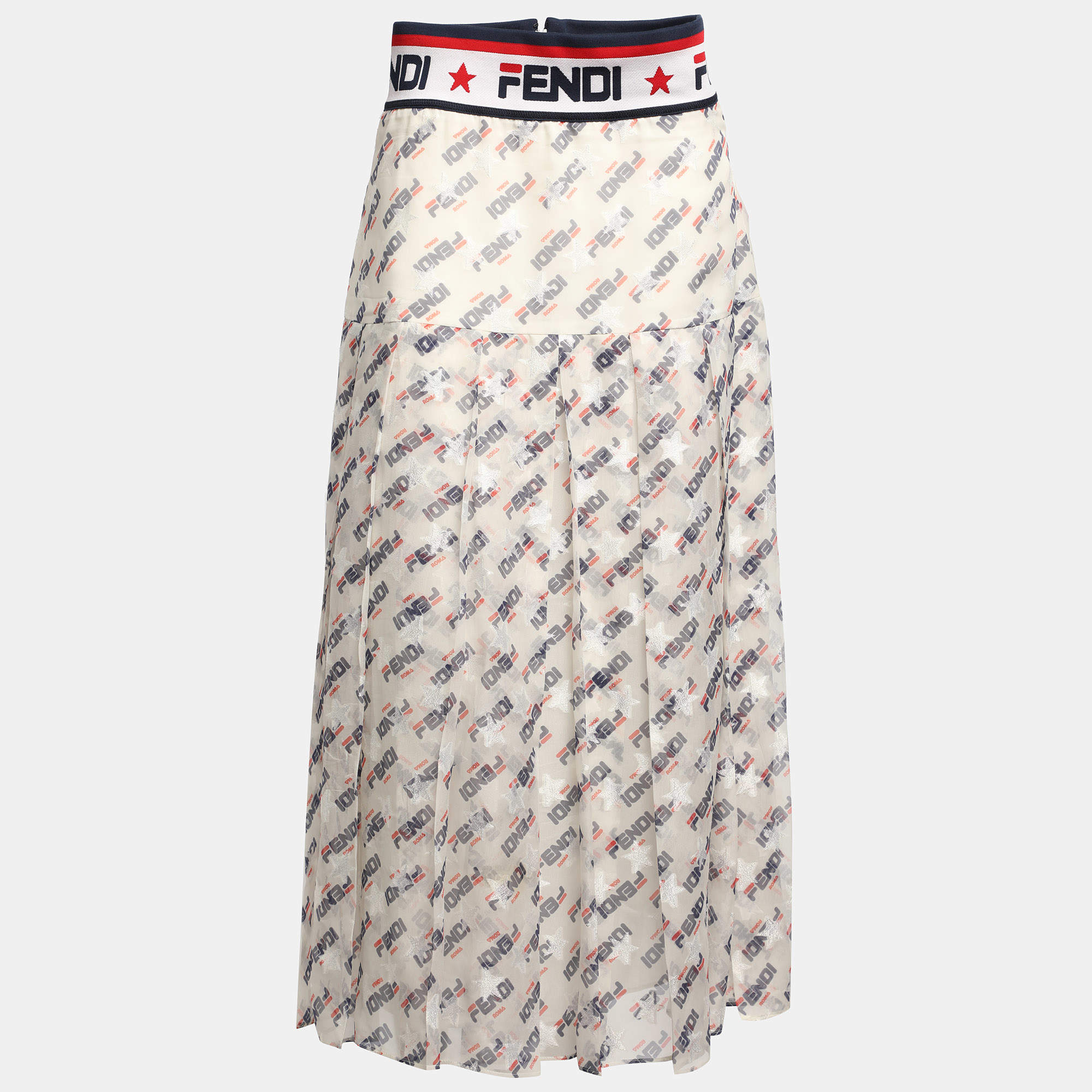 Fendi X Fila White Fendi Mania Print Silk Pleated Midi Skirt M
