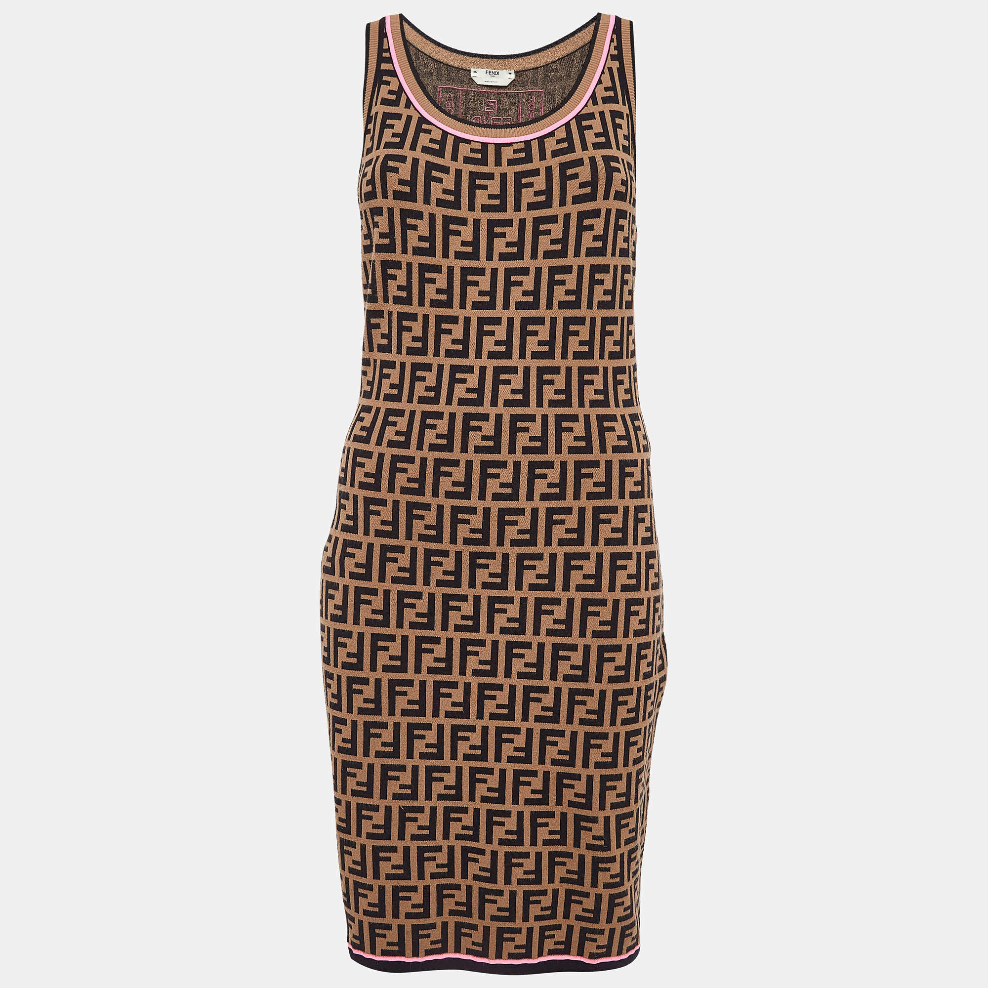 مملوكة مسبقًا Fendi Brown Zucca Patterned Knit Sleeveless Bodycon Dress M