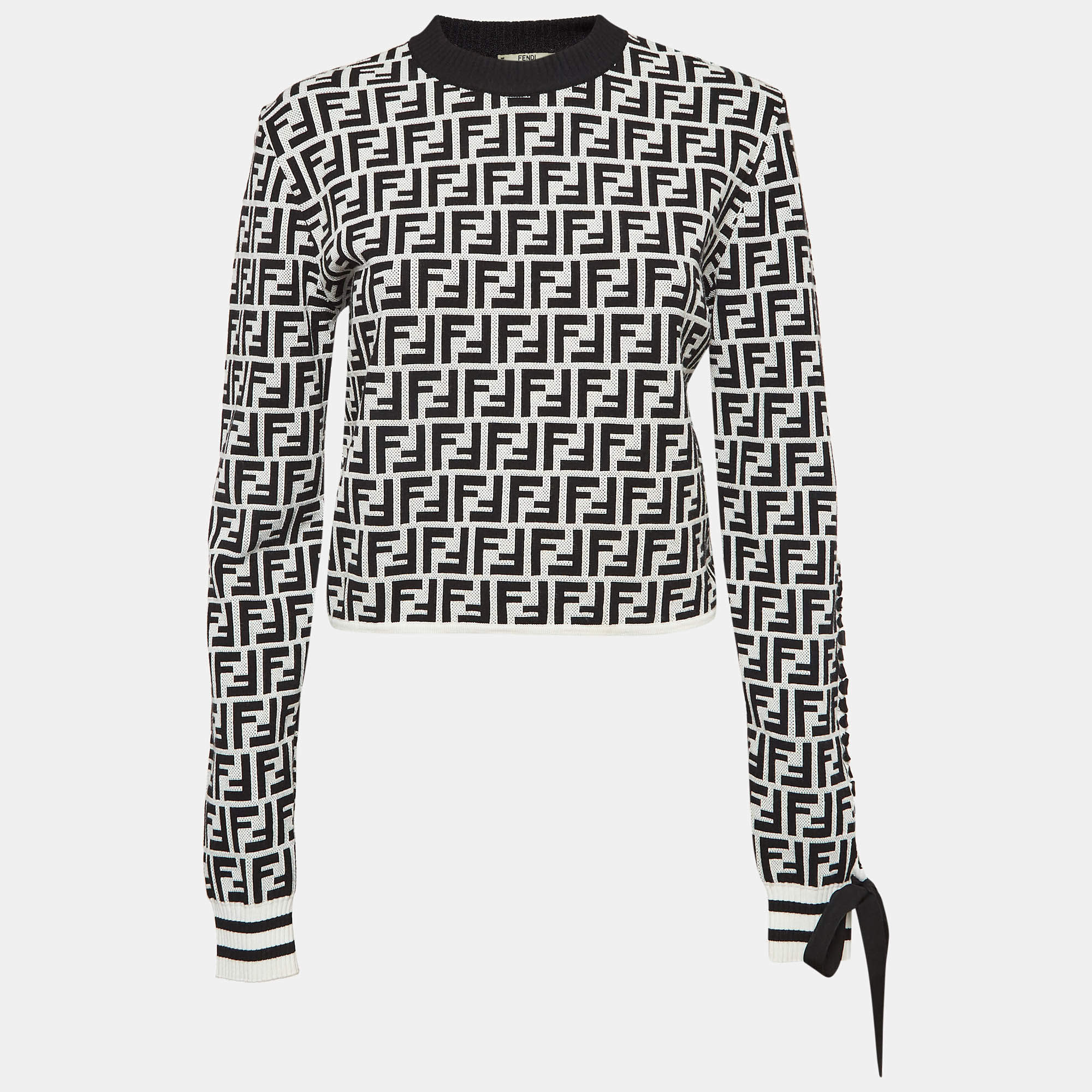 مملوكة مسبقًا Fendi Monochrome Zucca Jacquard Knit Crop Sweatshirt L