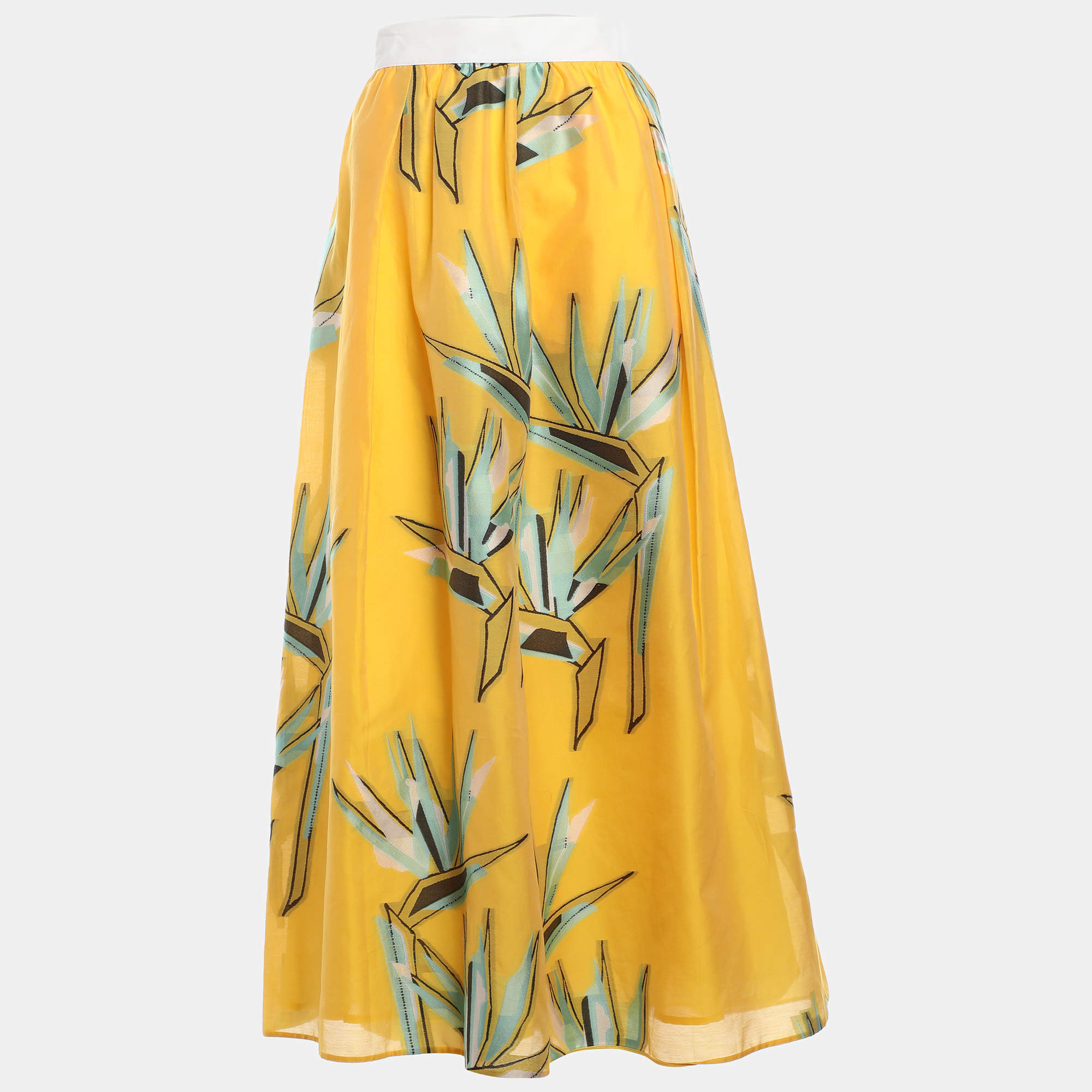 Pre Owned Fendi Yellow Silk Jacquard Birds of Paradise Flower Midi Skirt L