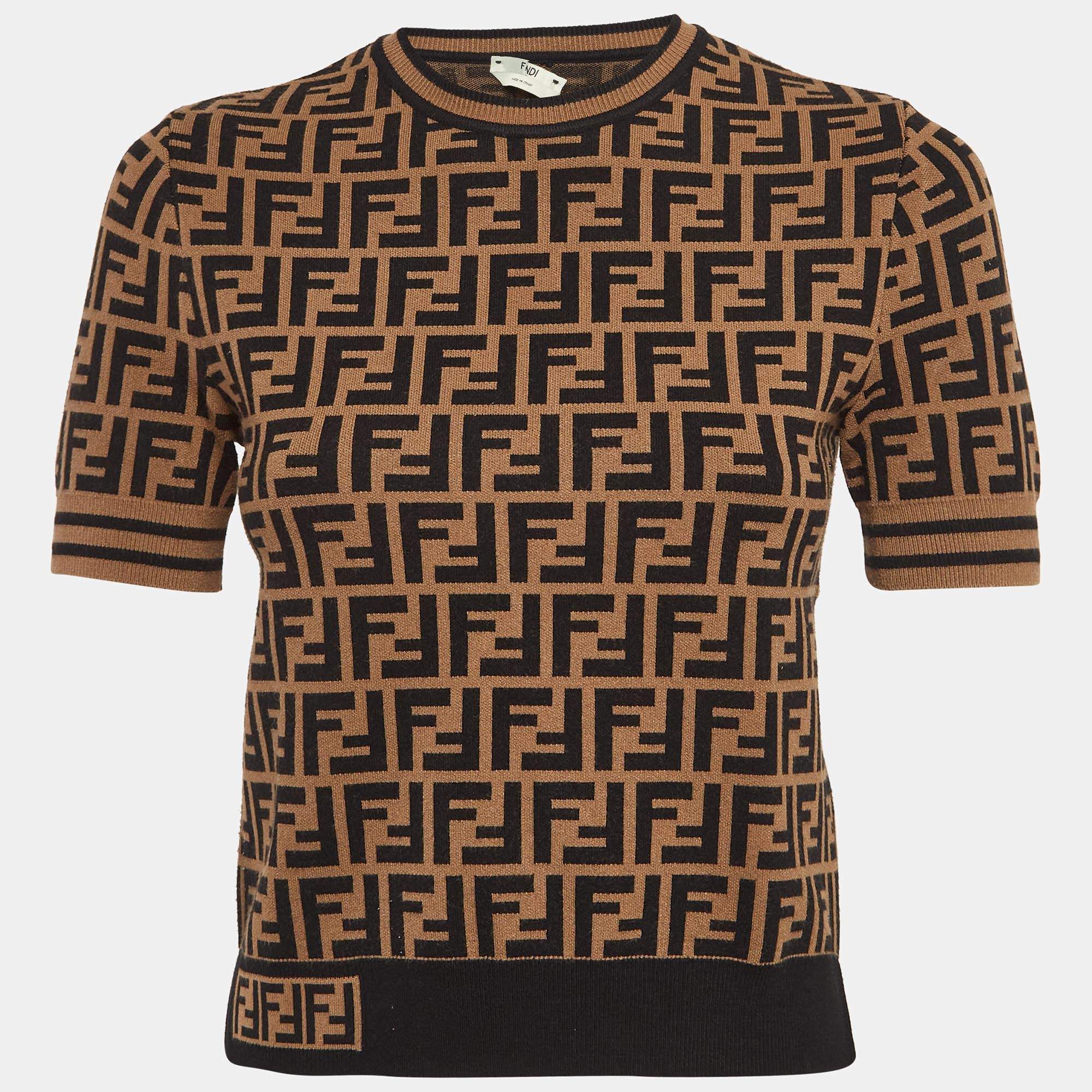 مملوكة مسبقًا Fendi Brown Zucca Jacquard Knit Crew Neck Top S