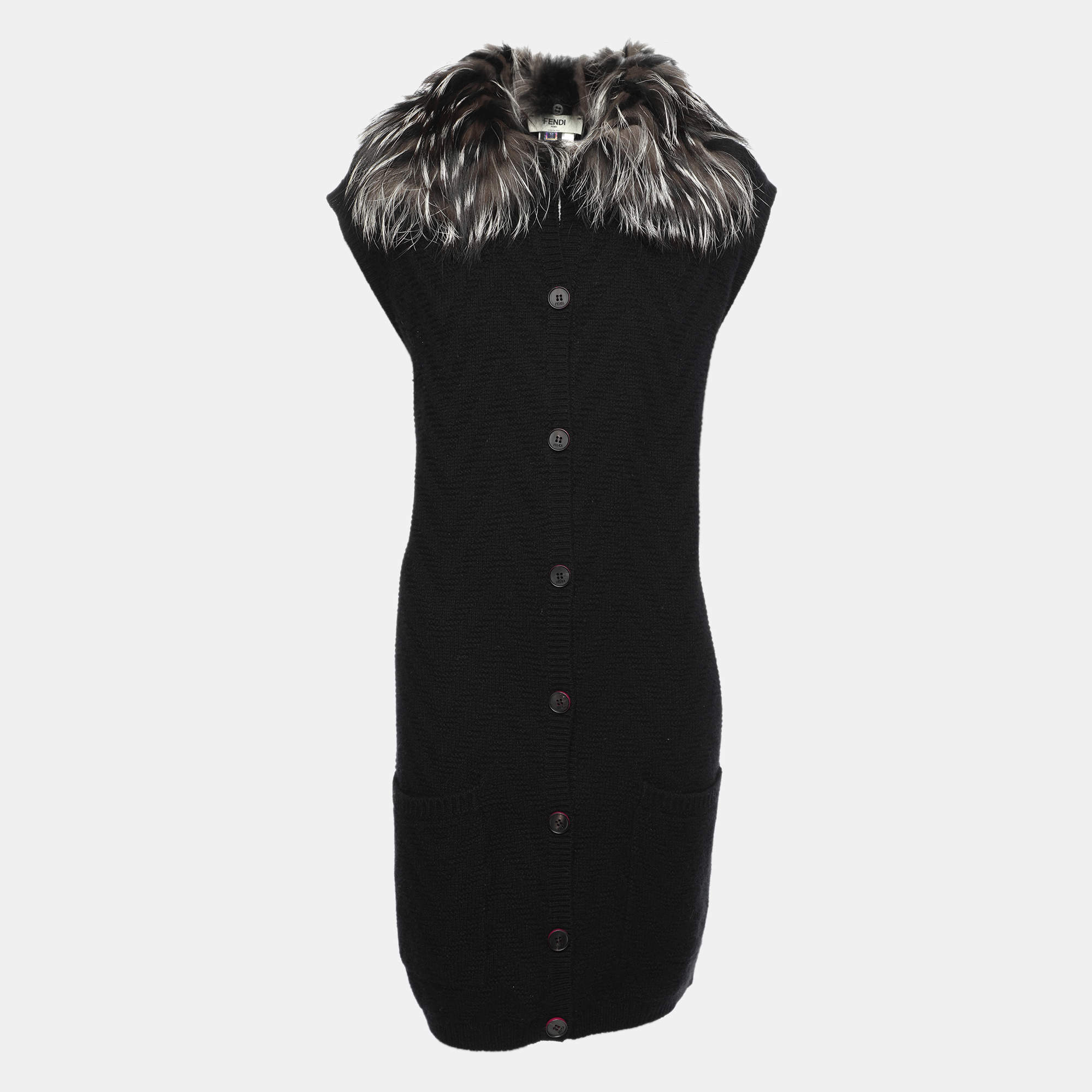Fendi Black Tonal Chevron Patterned Cashmere Fox Fur Trim Cardigan L