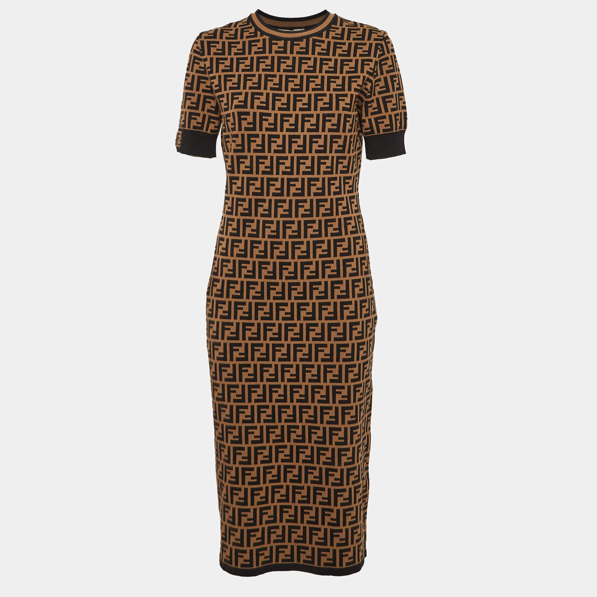 Pre Owned Fendi Brown Zucca Knit Round Neck MIdi Dress M
