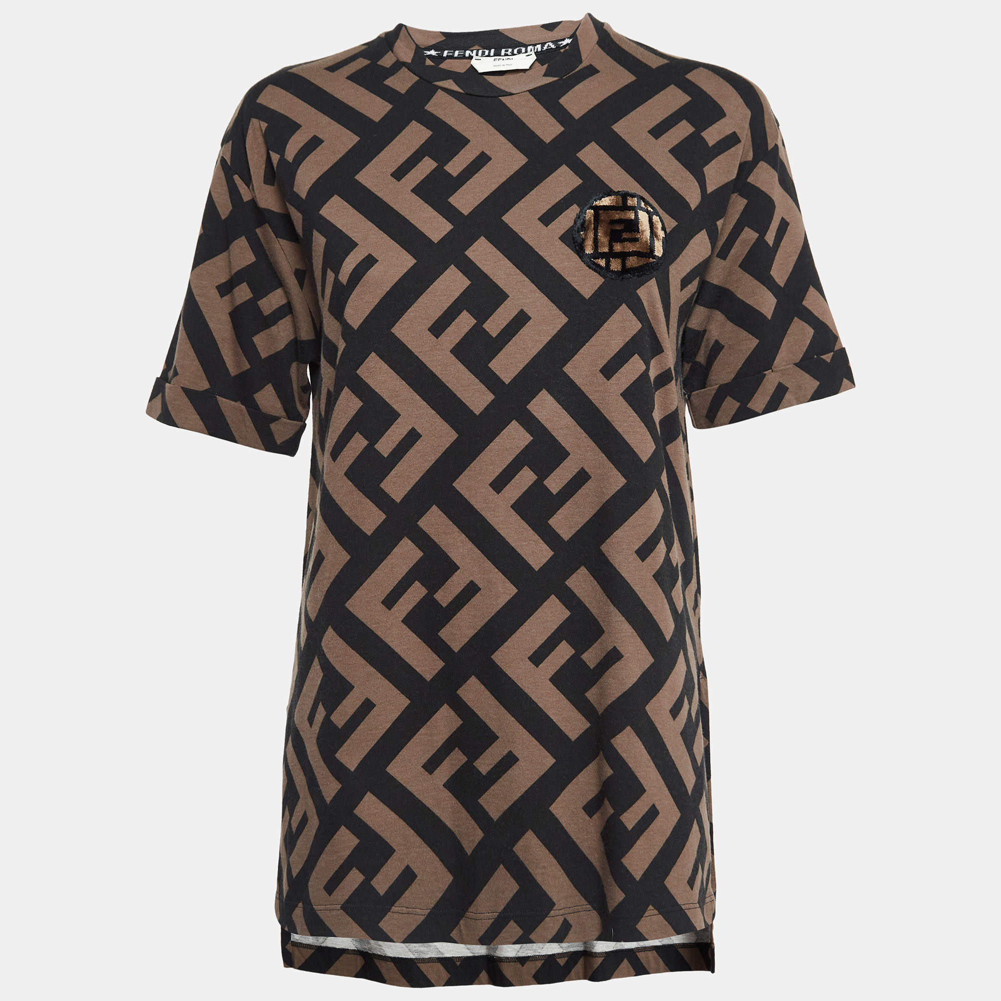 مملوكة مسبقًا Fendi Brown Zucca Print Cotton Applique Crew Neck T- Shirt S