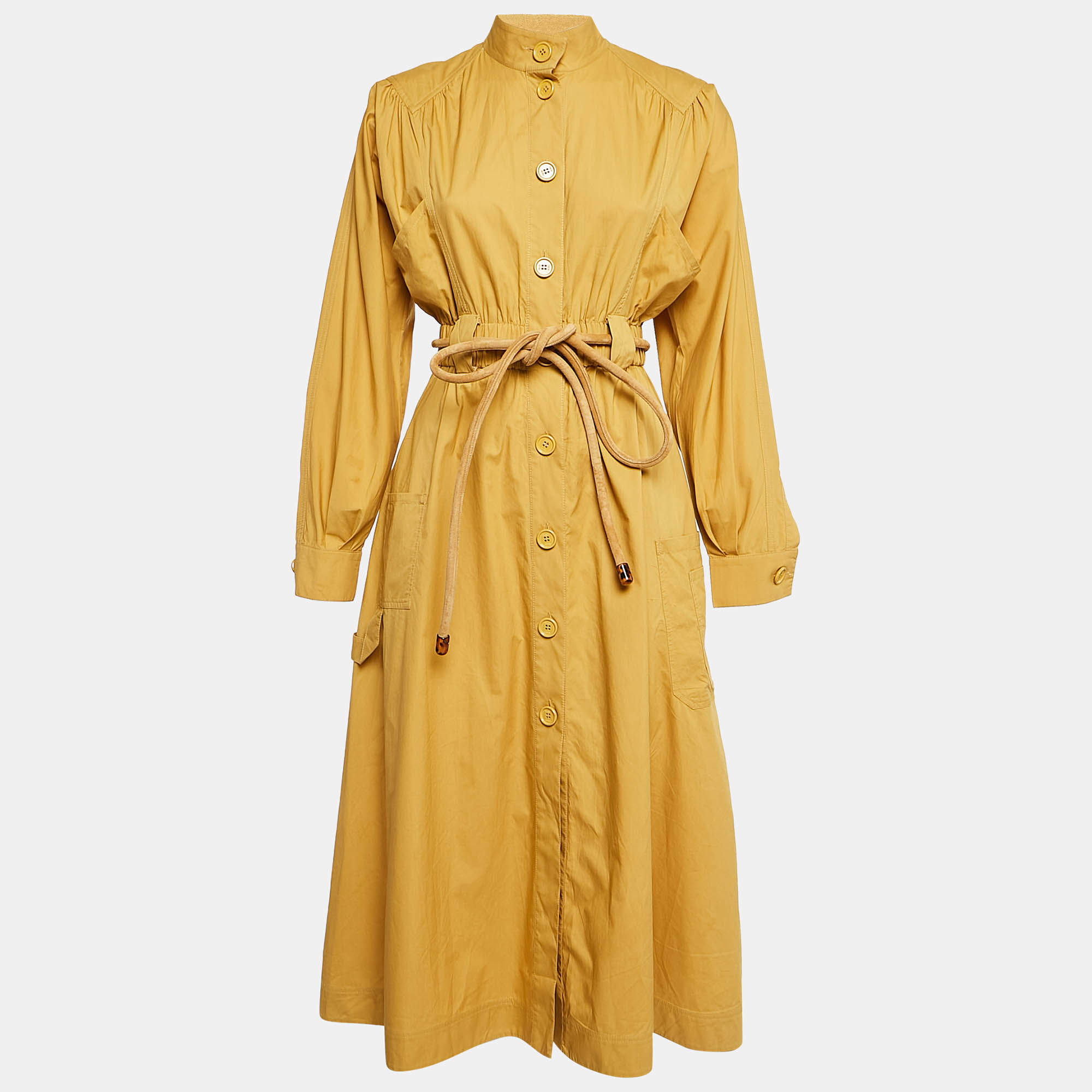 Pre Owned Fendi Mustard Yellow Cotton Button Front Belted Midi Dress S