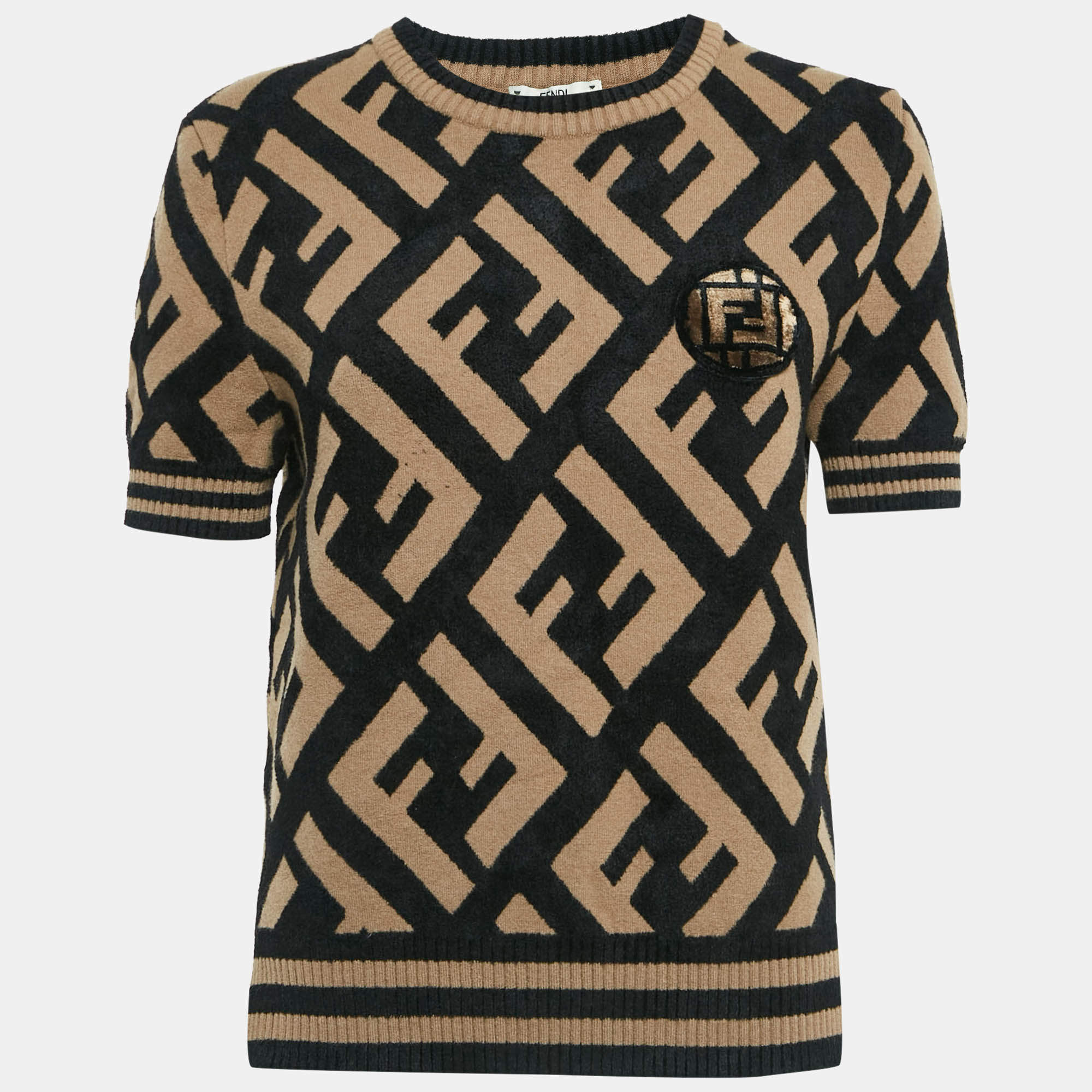 Fendi Brown Zucca Embossed Stretch Knit Pullover M