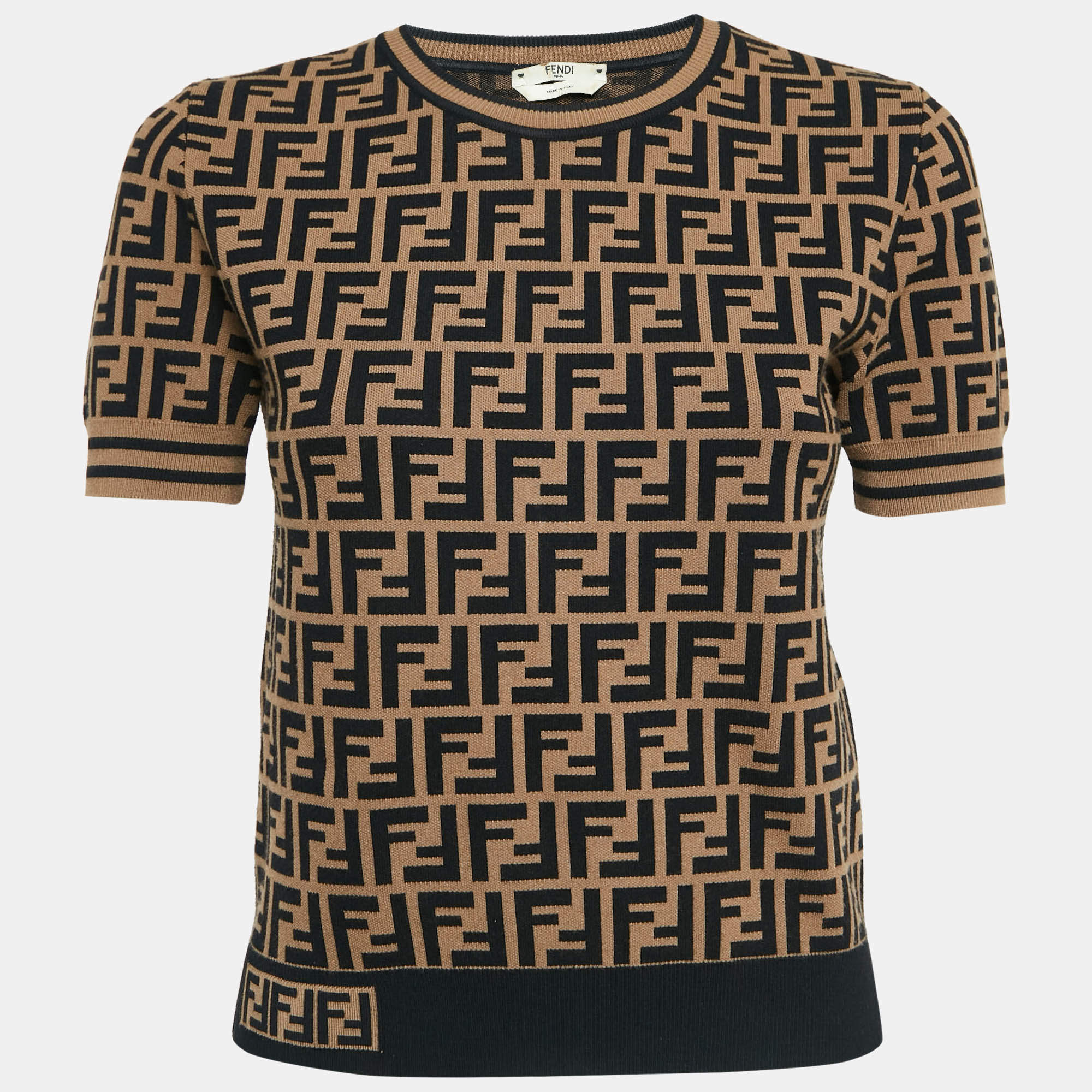 Fendi Black & Brown Zucca Monogram Knit Short Sleeve Pullover S