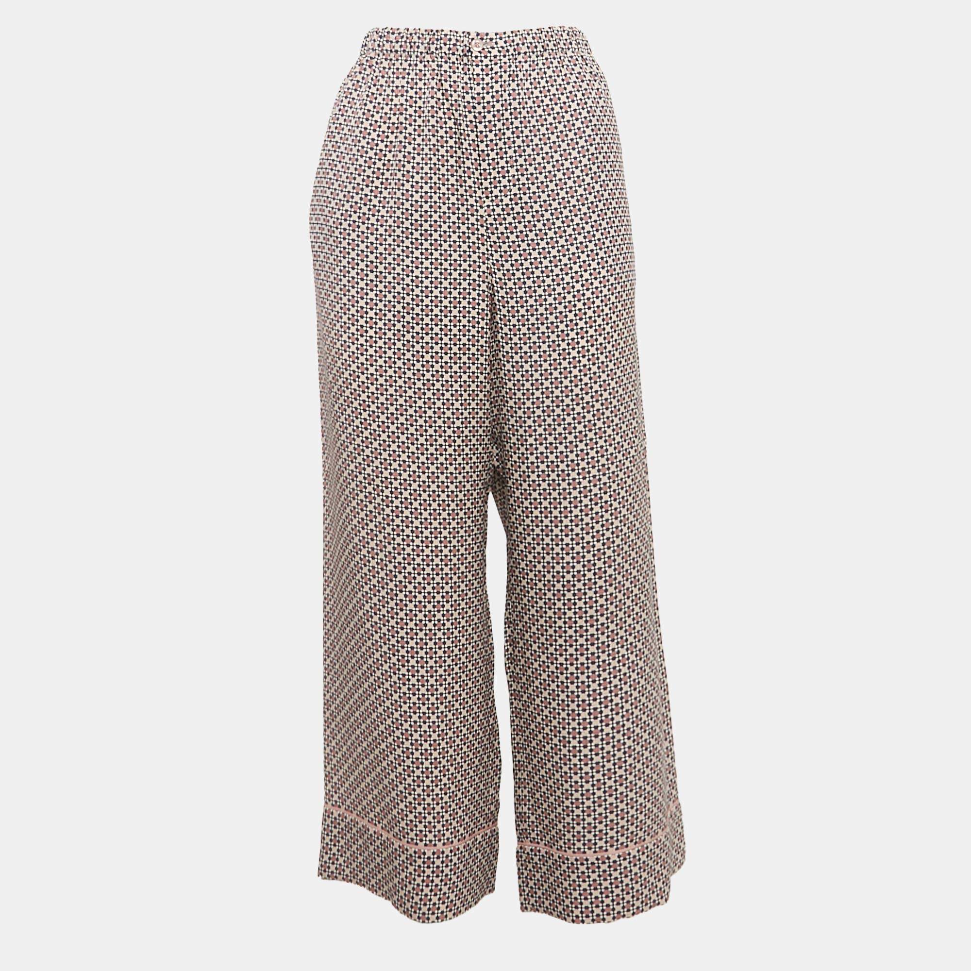 Fendi Pink/ Blue Printed Silk Straight Leg Trousers M