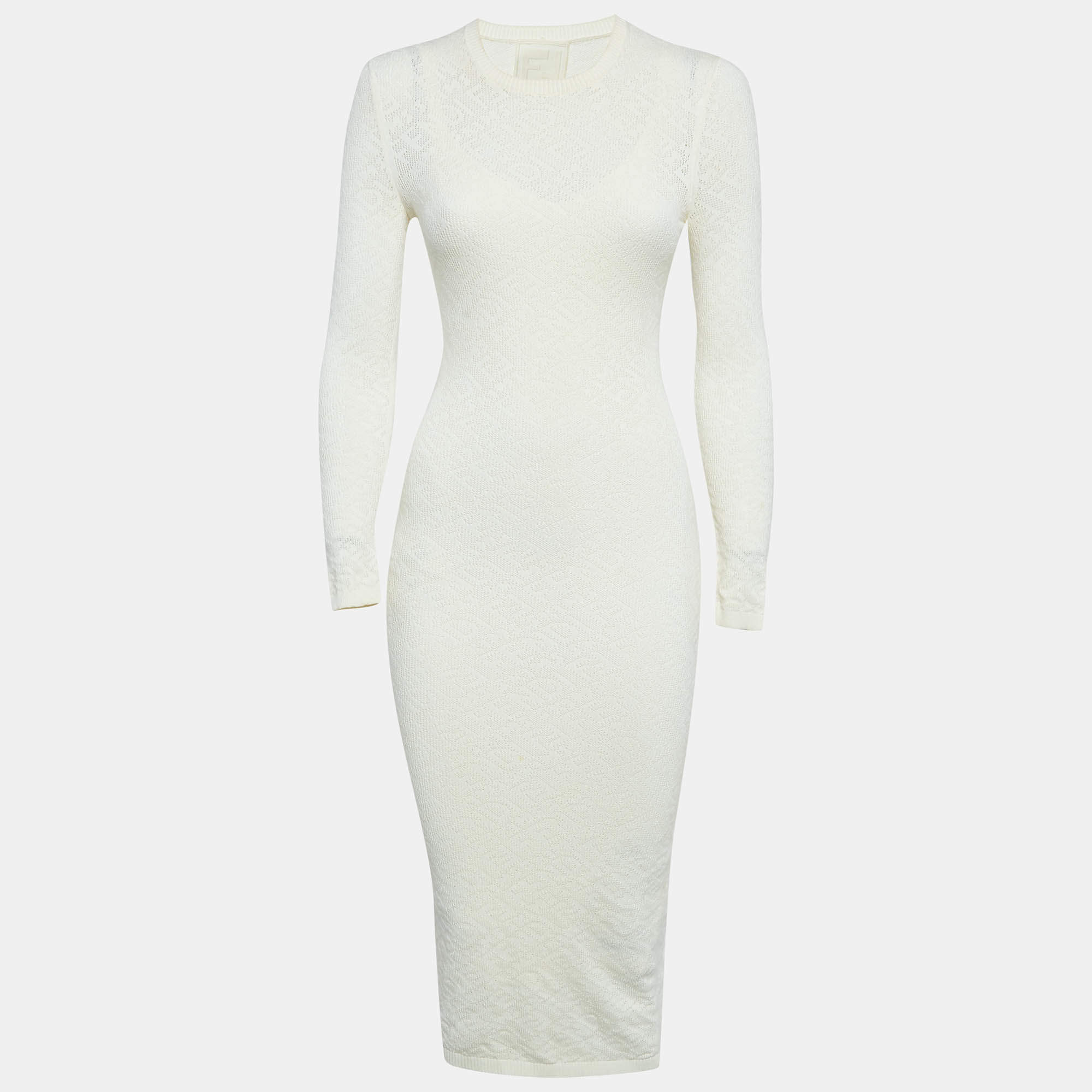 Pre Owned Fendi Off White Monogram Jacquard Stretch Knit Long Sleeve Maxi Dress S