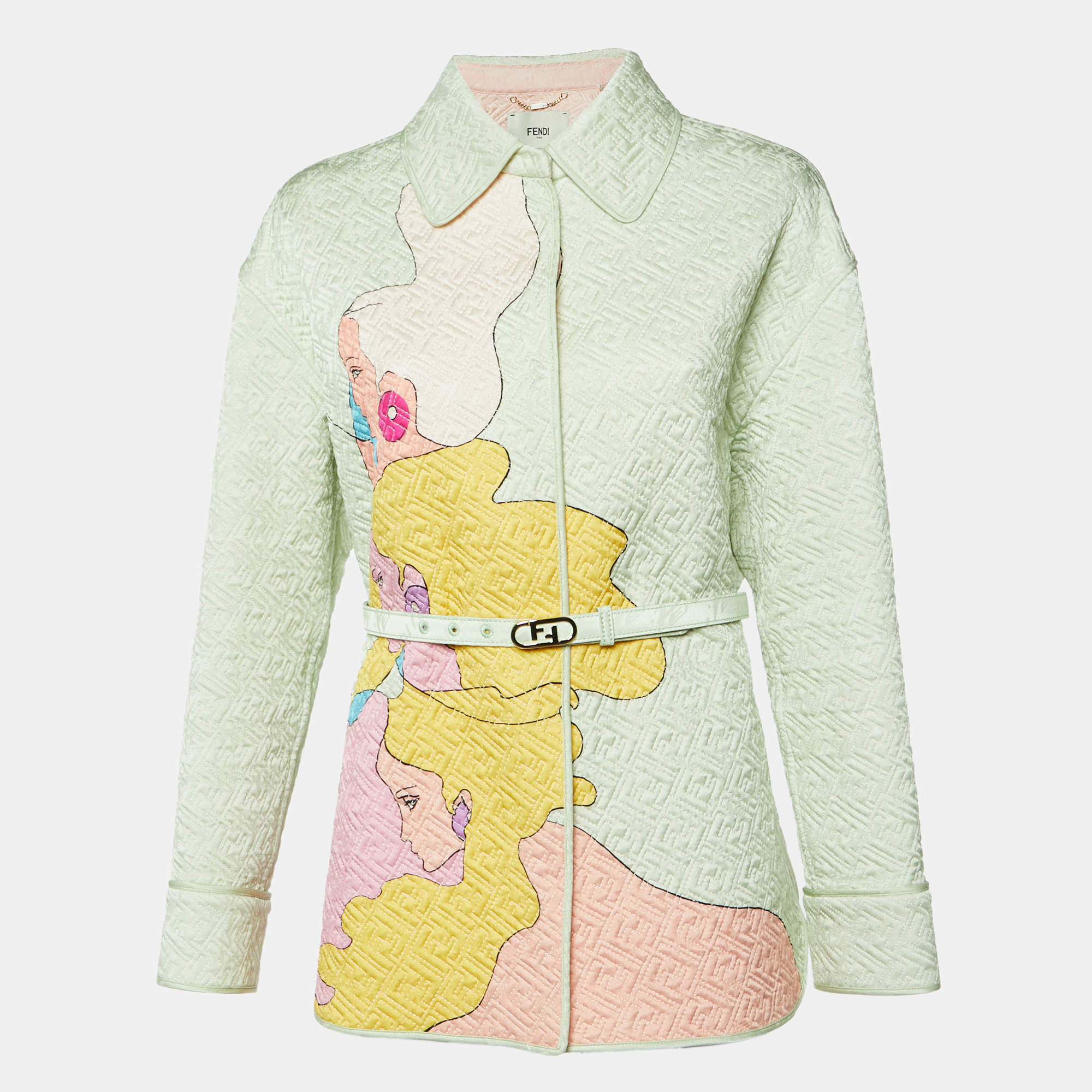 Pre Owned Fendi Green Hairdo Girl Print Silk Quilted Jacket M