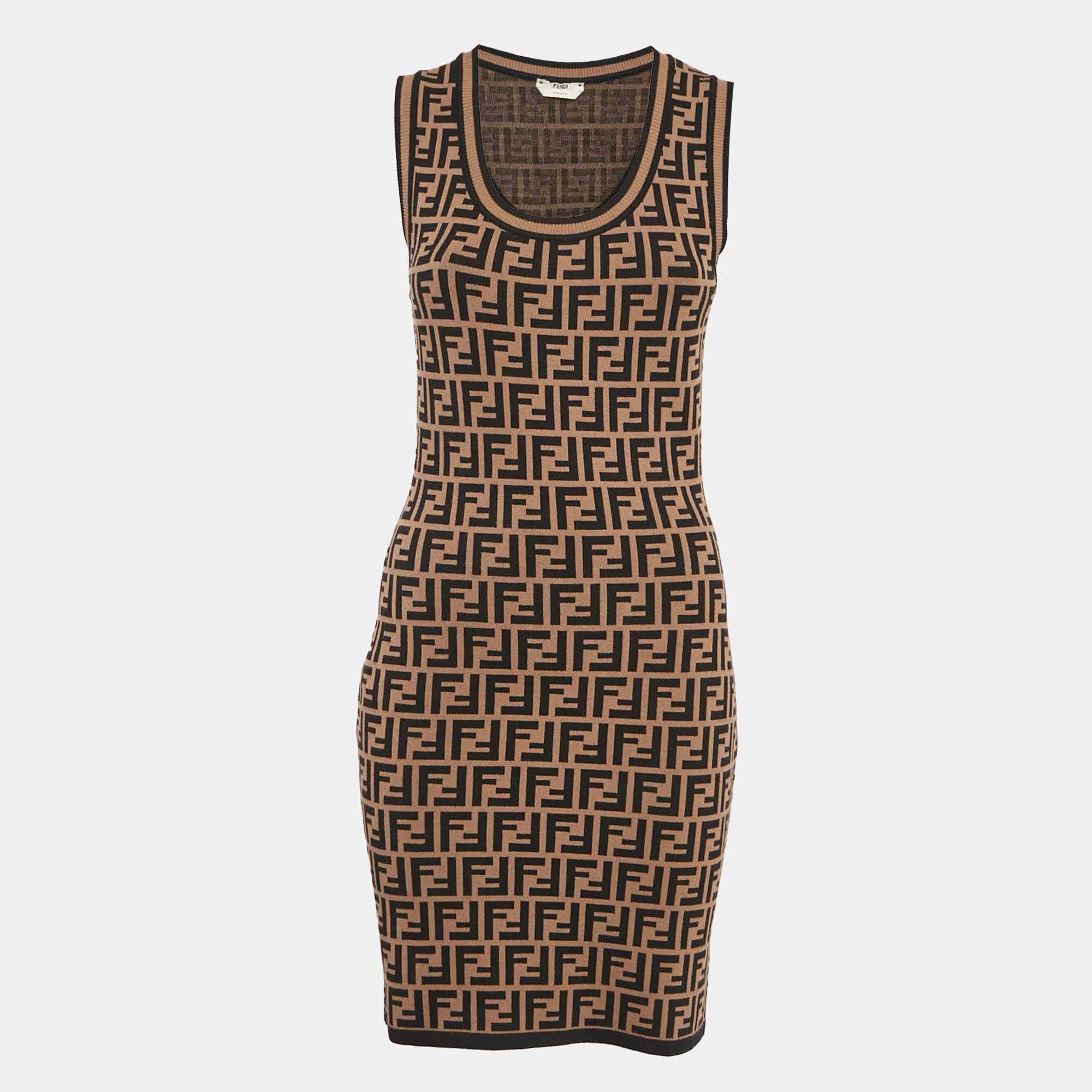 Pre Owned Fendi Brown Zucca Jacquard Knit Sleeveless Bodycon Dress S