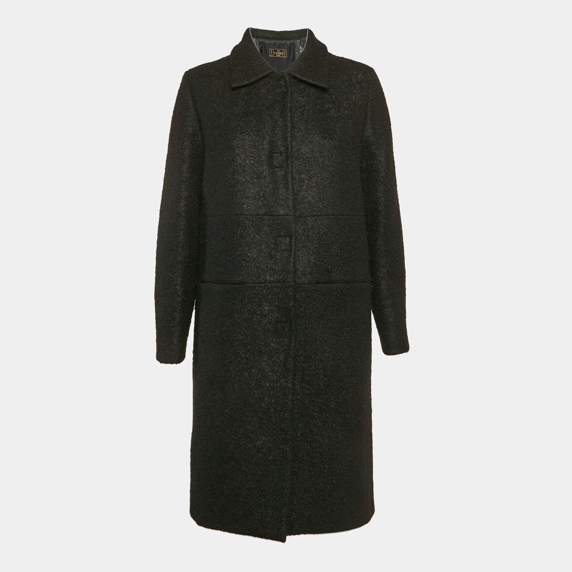 Fendi Black Shearling Velcro Closure Mid-Length Coat M