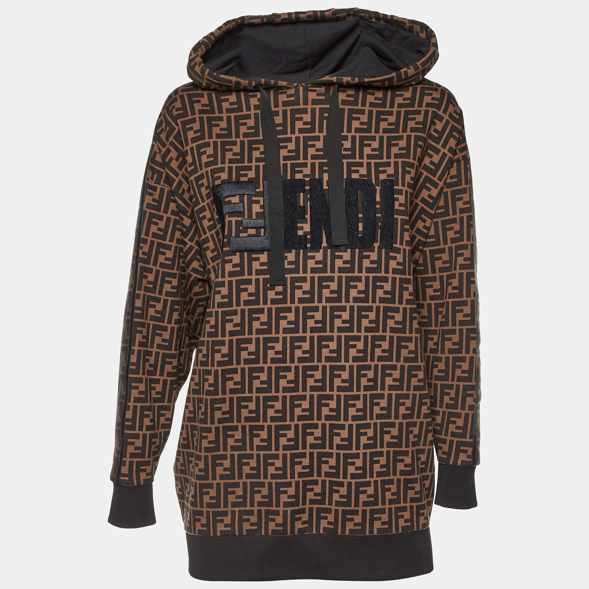 Pre Owned Fendi Brown FF Logo Print Cotton Hooded Sweatshirt S