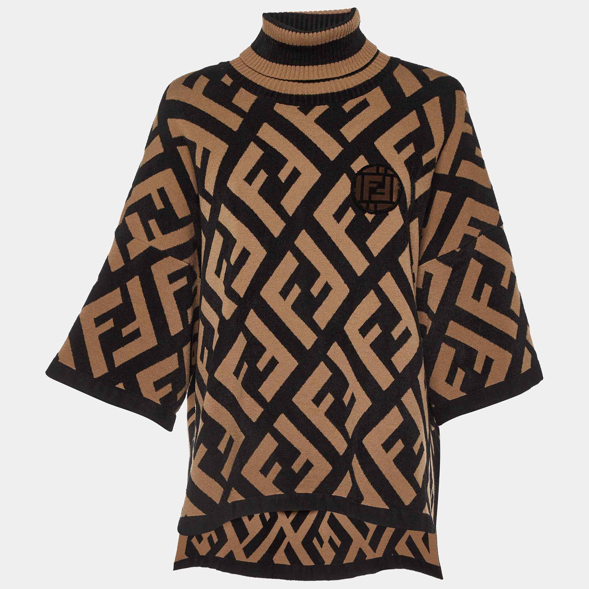 Fendi Brown FF Logo Print Wool Blend Turtle Neck Poncho S