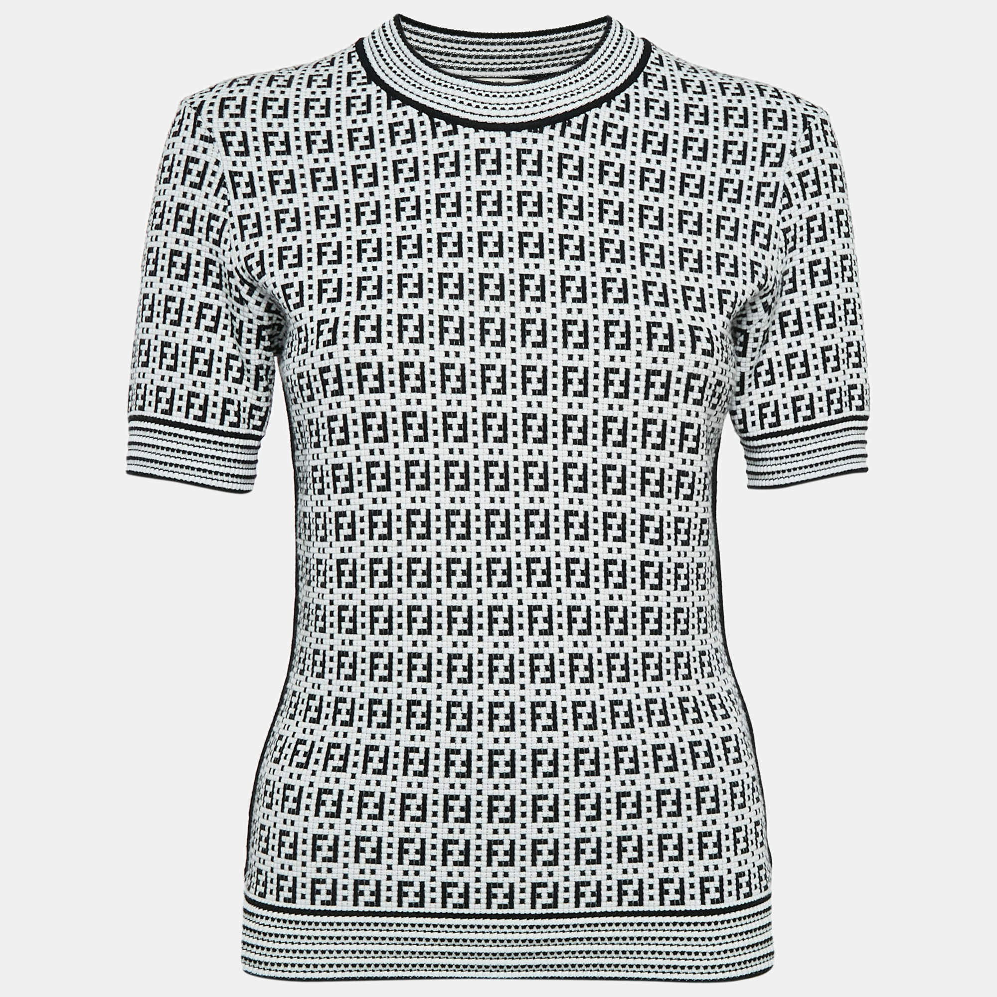 Pre Owned Fendi Black/White FF Textured Knit Crew Neck Pullover M