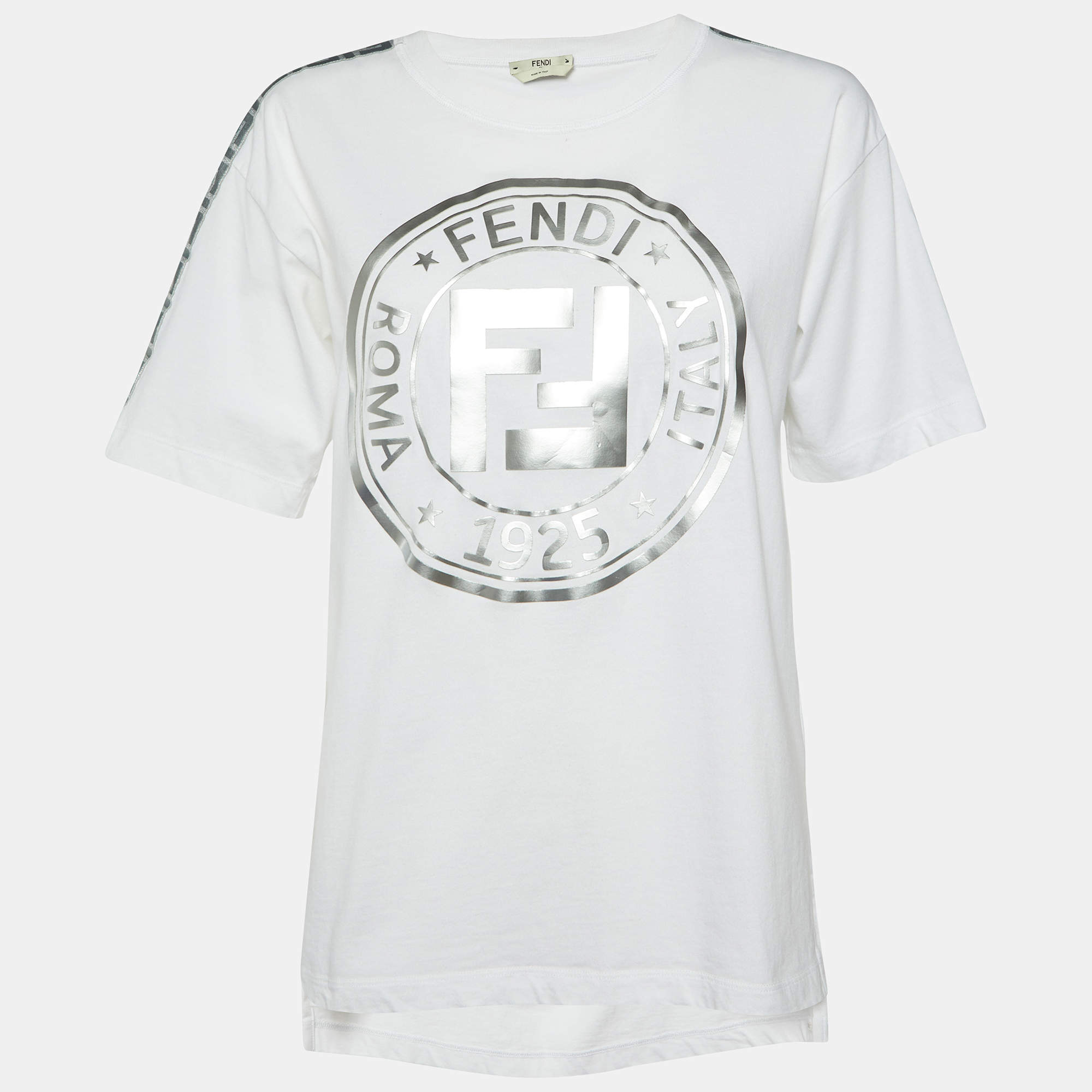 Pre Owned Fendi White Embossed Logo Print Cotton Crew Neck T-Shirt S