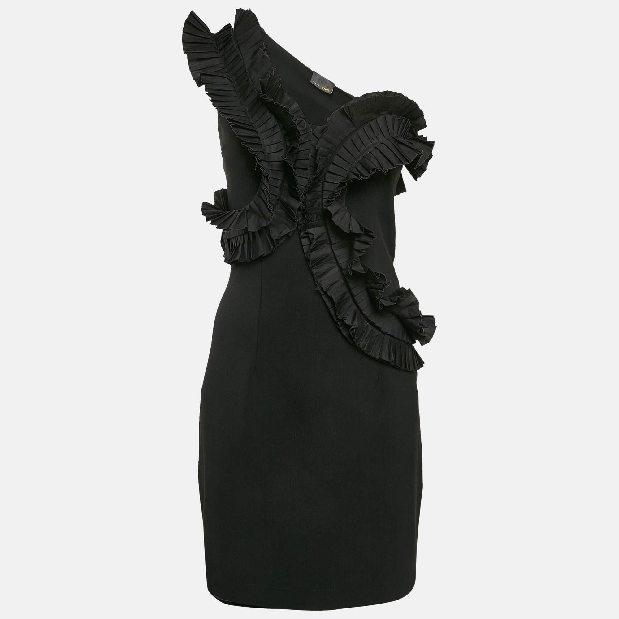 Pre Owned Fendi Black Nylon Gabardine Ruffled One-Shoulder Mini Dress M
