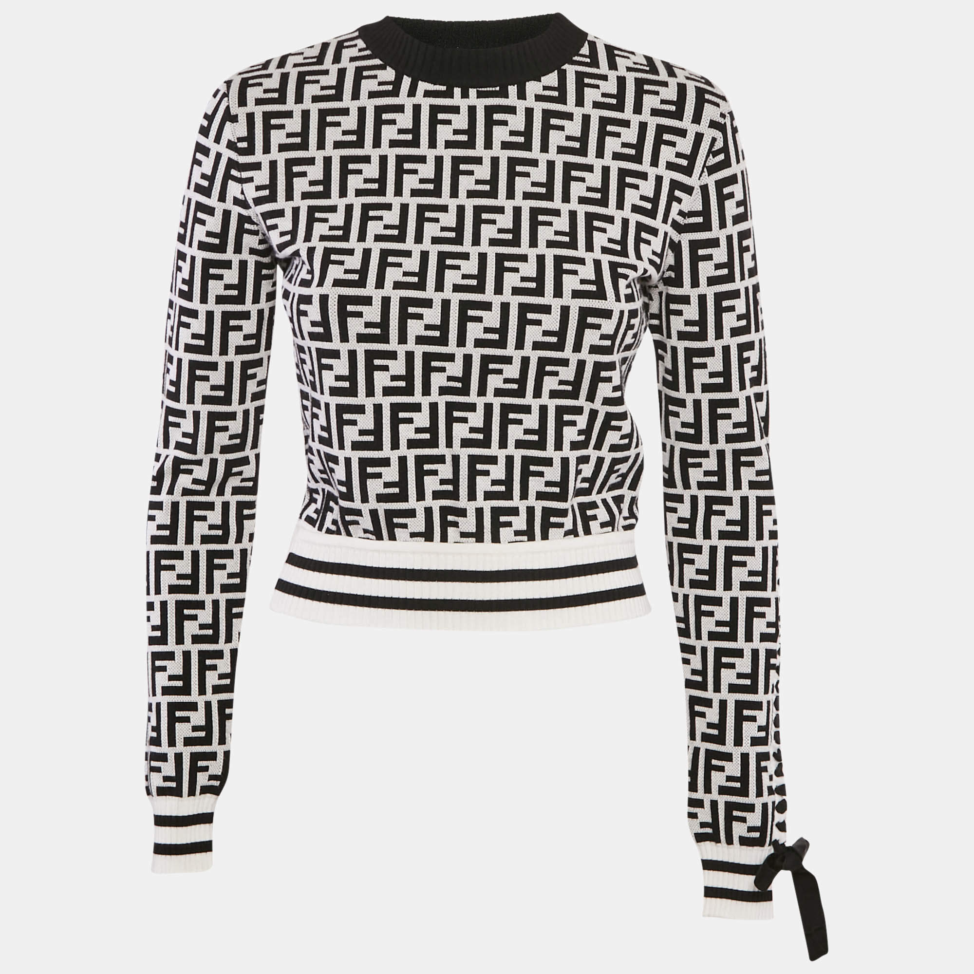 مملوكة مسبقًا Fendi White/Black FF Logo Jacquard Knit Pullover S
