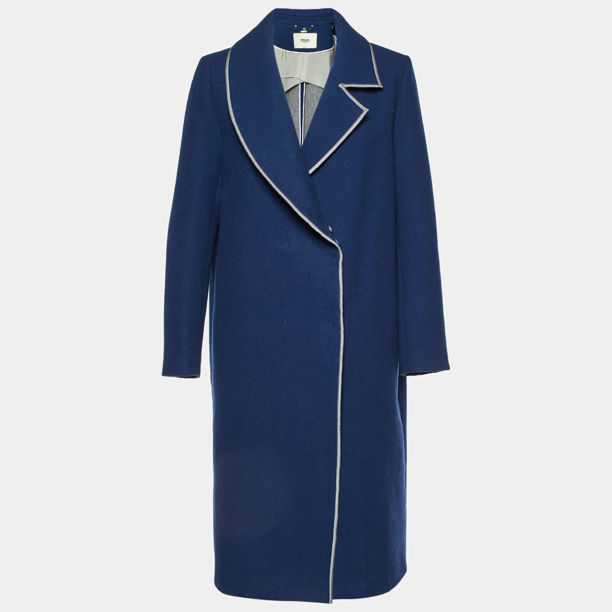 Fendi Navy Blue Fleece Wool Double Breasted Long Coat M