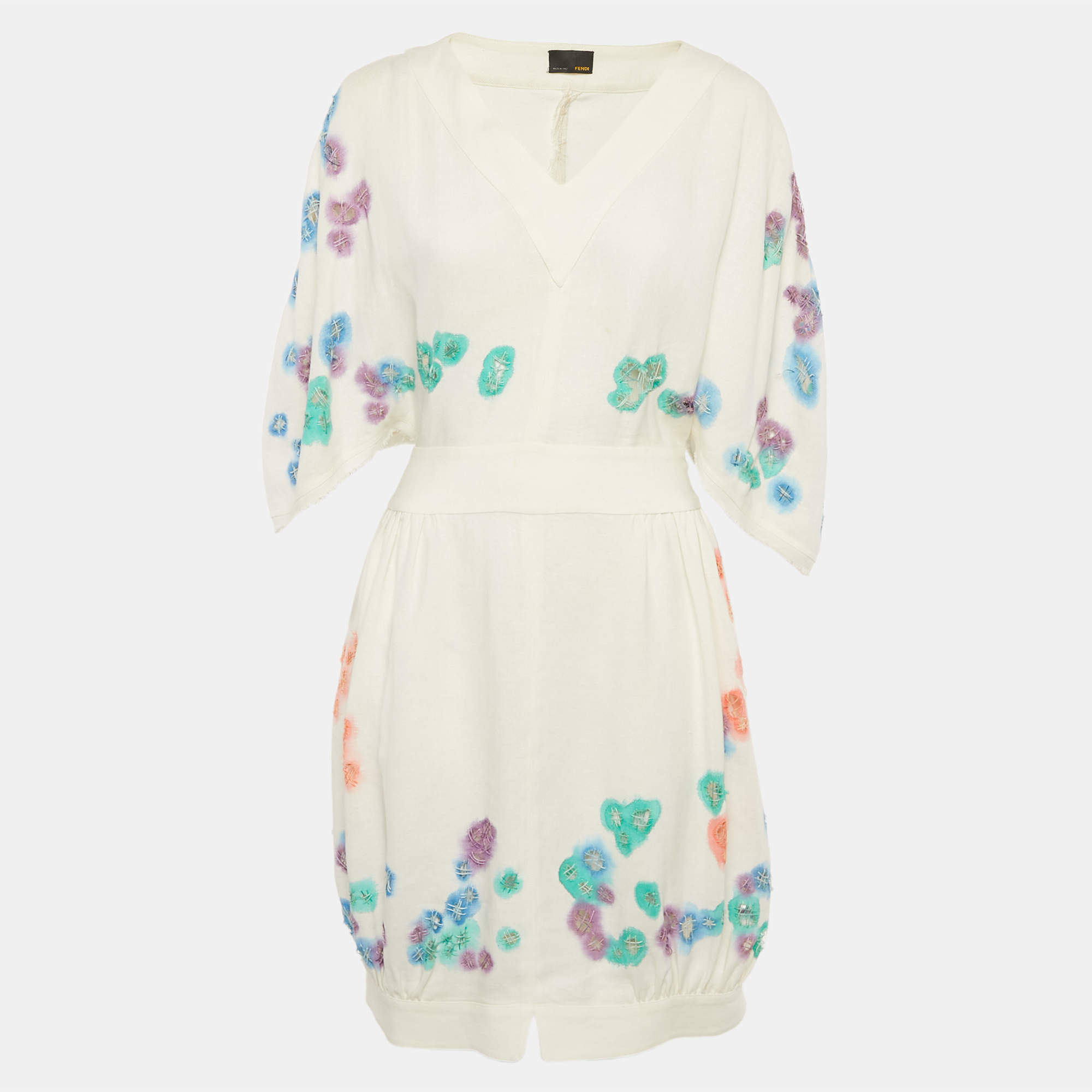 Pre Owned Fendi White Multicolor Distressed Linen Cut-Out Detail Short Dress M