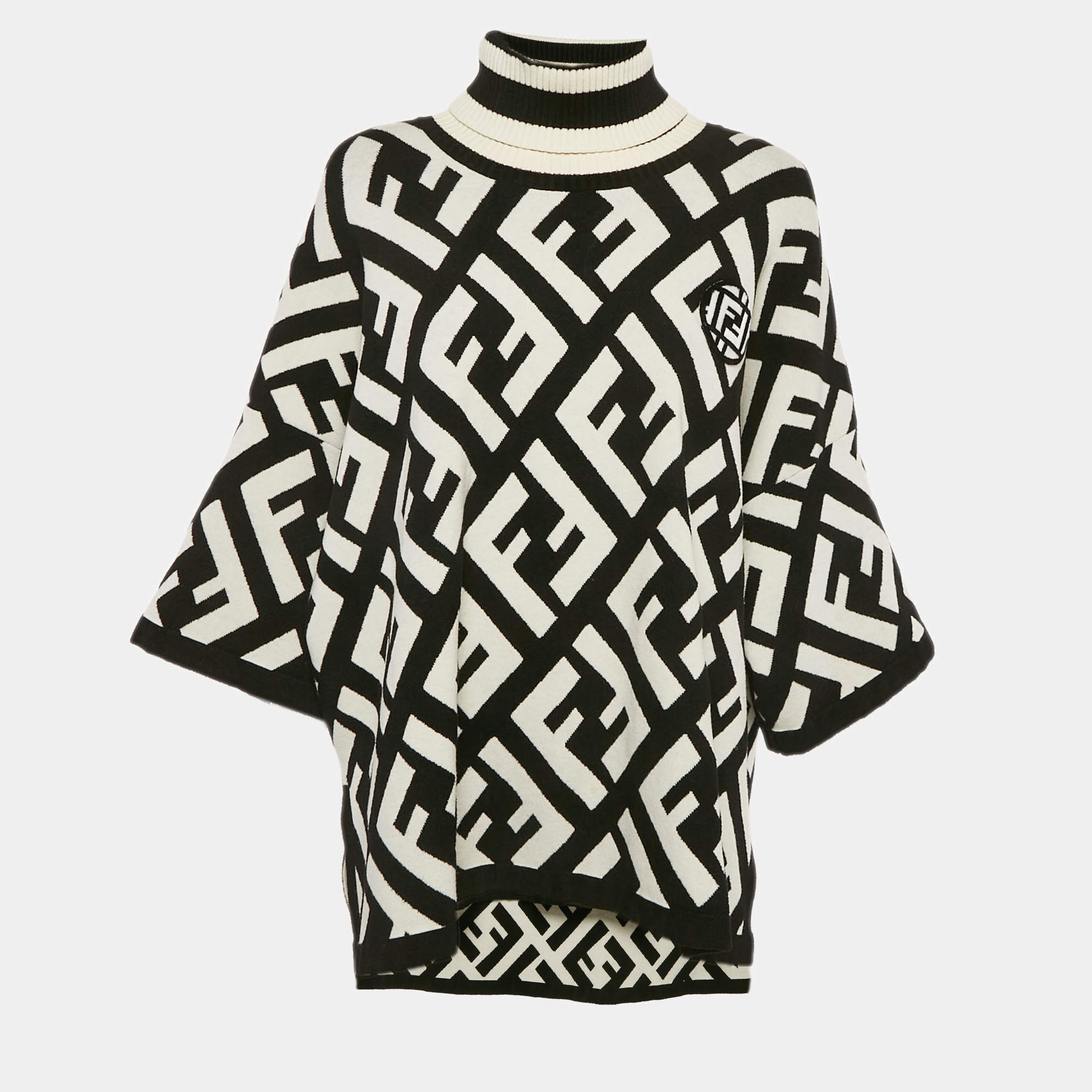 Fendi Black/White Zucca Jacquard Wool Blend Turtle Neck Sweater M