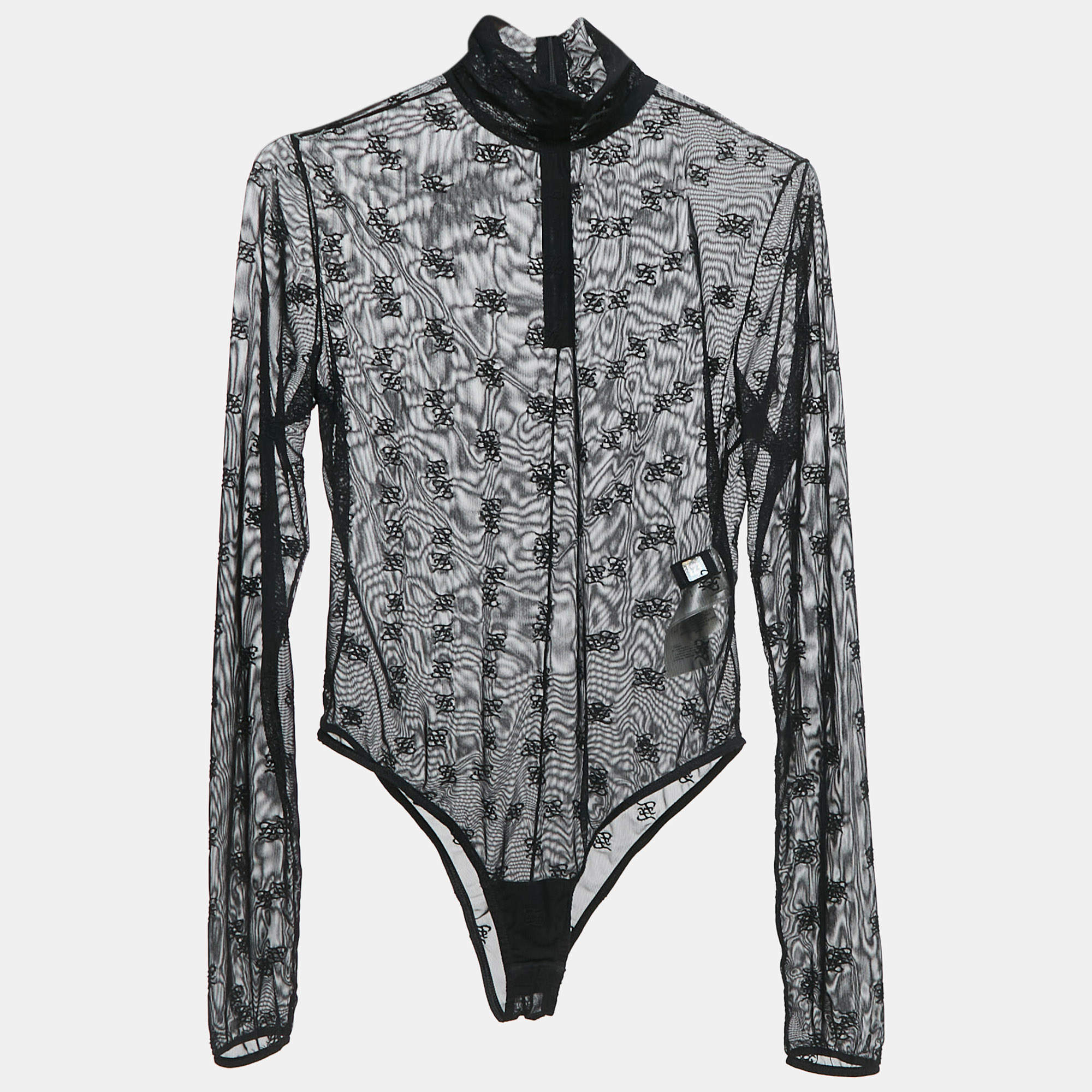 Fendi Black FF Karligraphy Stretch Tulle Sheer Bodysuit S