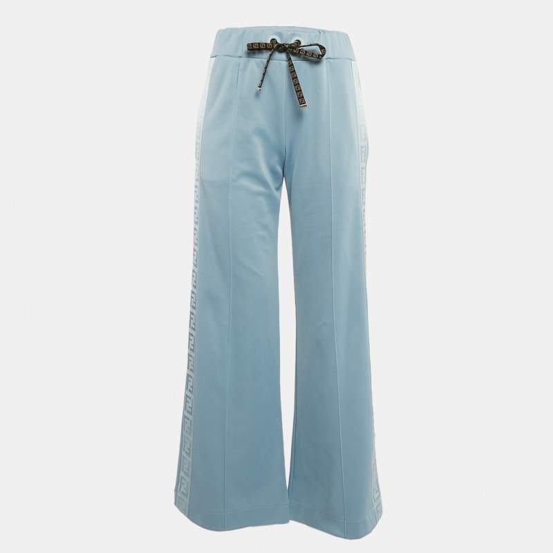 Pre Owned Fendi Light Blue Logo Side Stripe Jersey Wide Leg Track Pants S