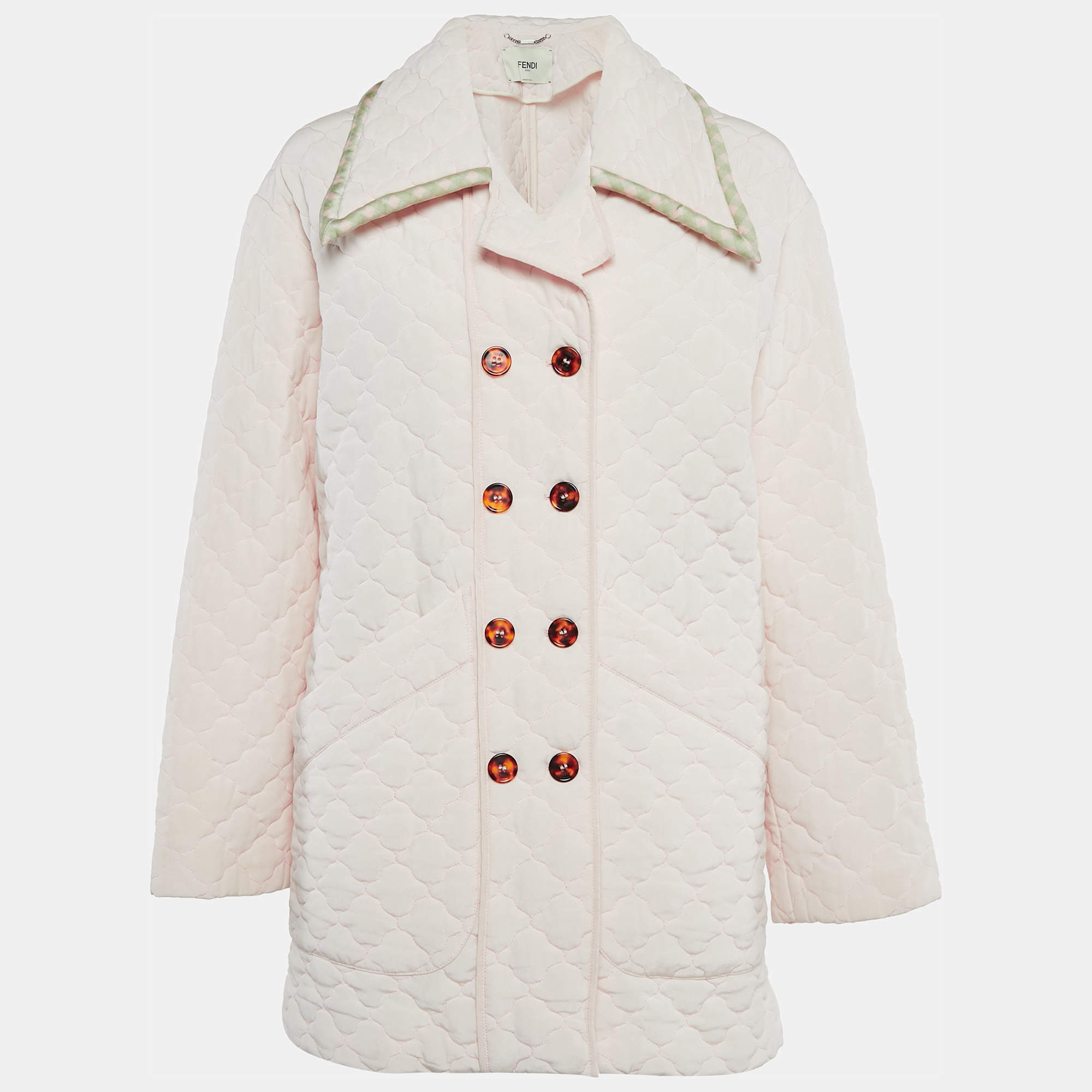 Fendi Pink Silk Double Breasted Button Front Quilted Coat S