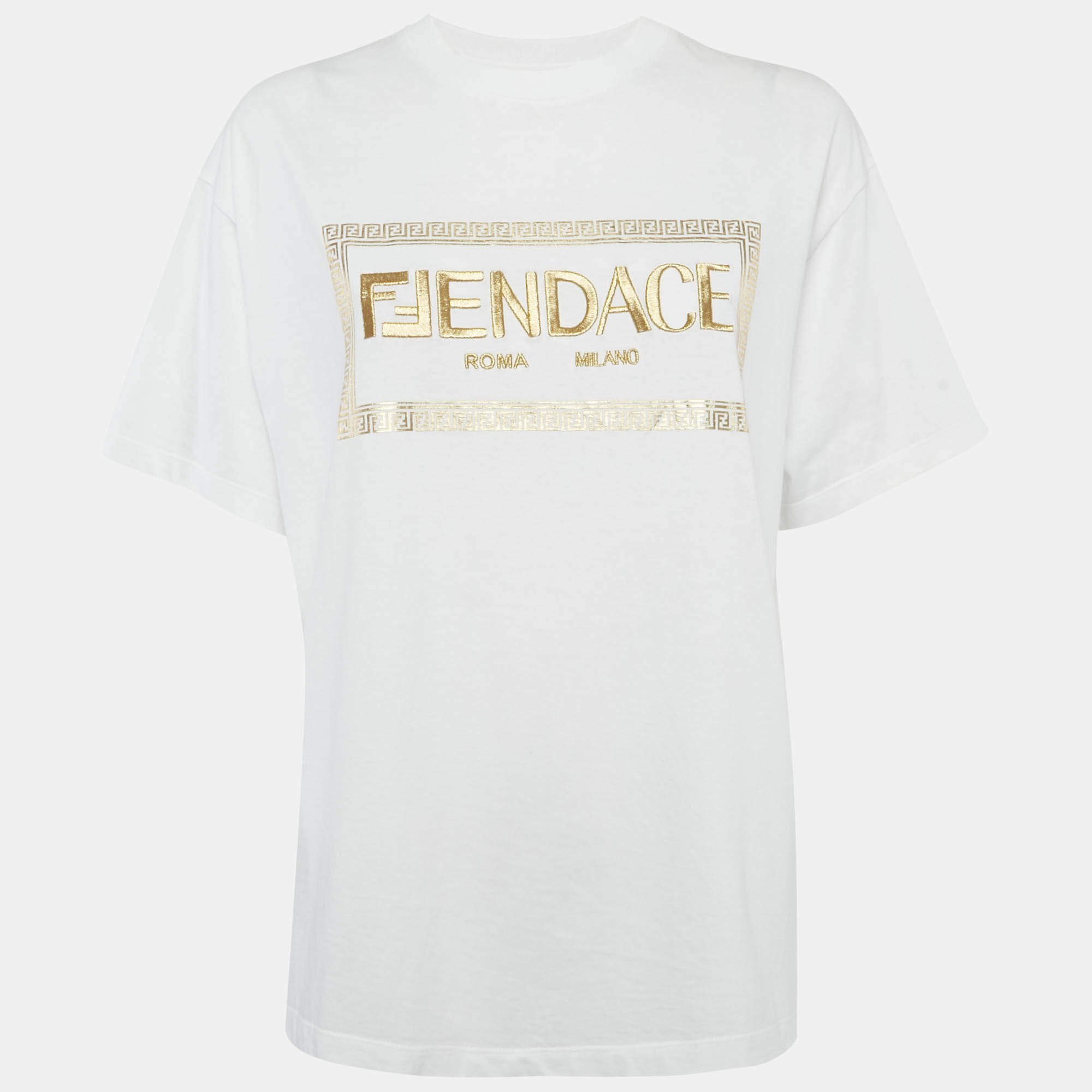 Pre Owned Fendi White Logo Embellished Cotton Crew Neck T-Shirt M