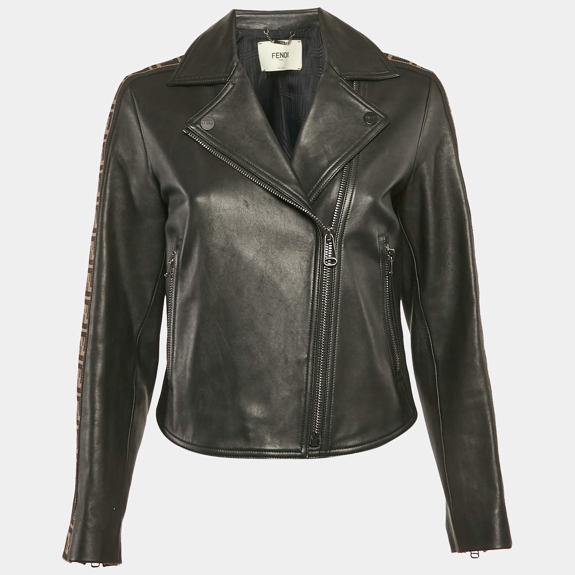 Fendi Black Zucca Side Tape Leather Zip-Up Jacket S
